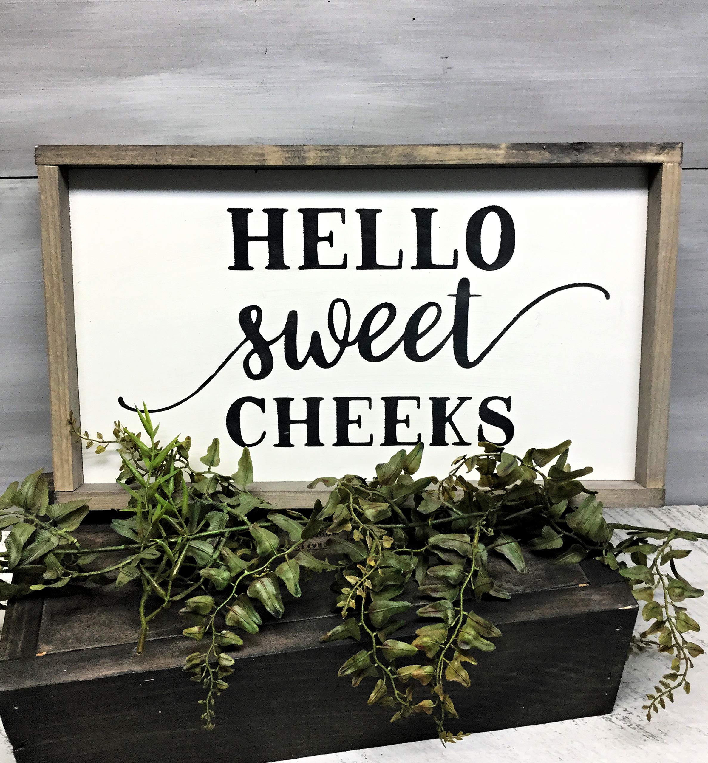Funny Bathroom Sign - Hello Sweet Cheeks Rustic Wood Decor for Farmhouse, Powder Room & Guest Bath - Humorous Home Wall Art Gift