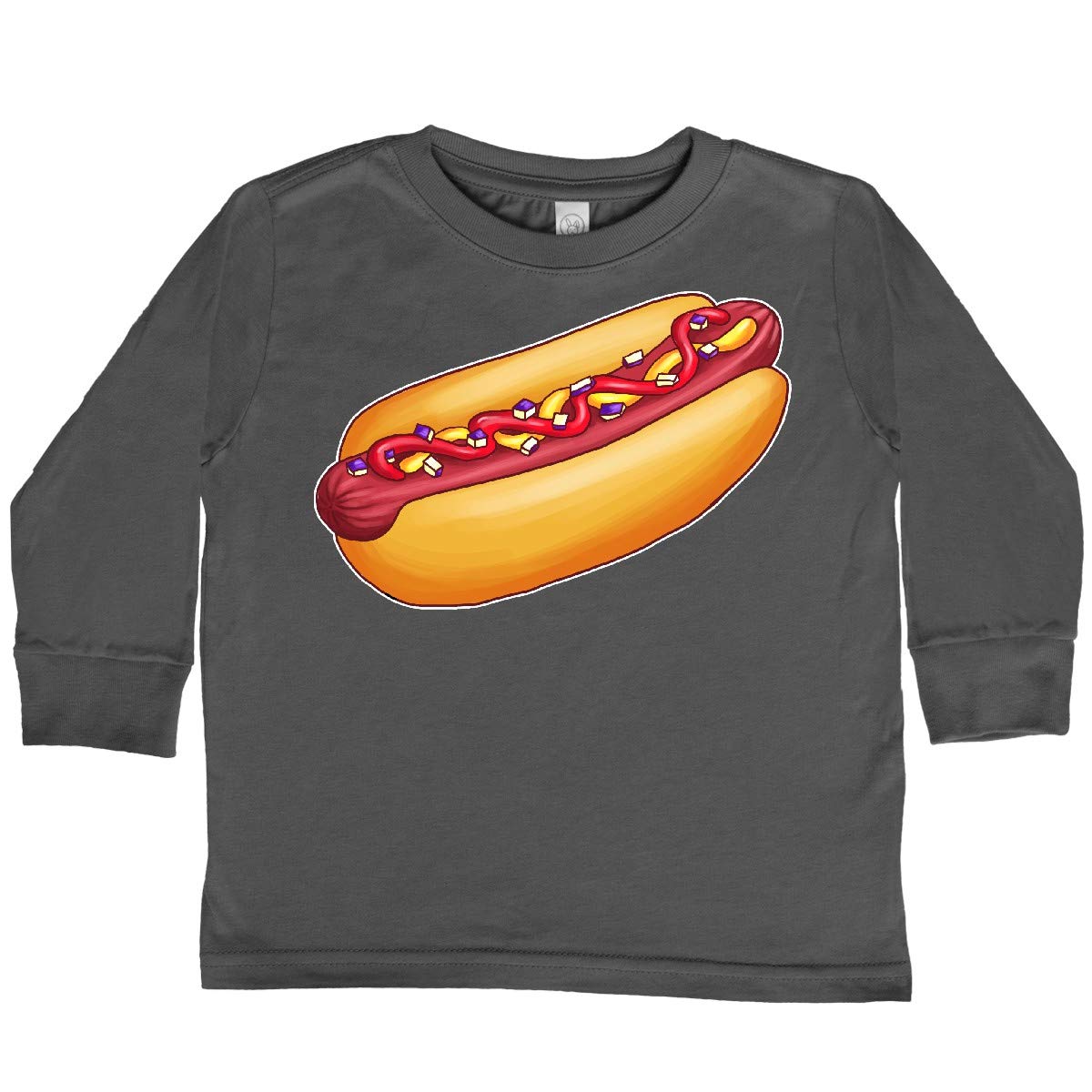 Inktastic Hot Dog Illustration with Mustard Onions Toddler Long Sleeve T-Shirt - Cute Graphic Tee for Boys & Girls, Soft Cotton Kids Shirt for Playdates, Daycare & Family Outings