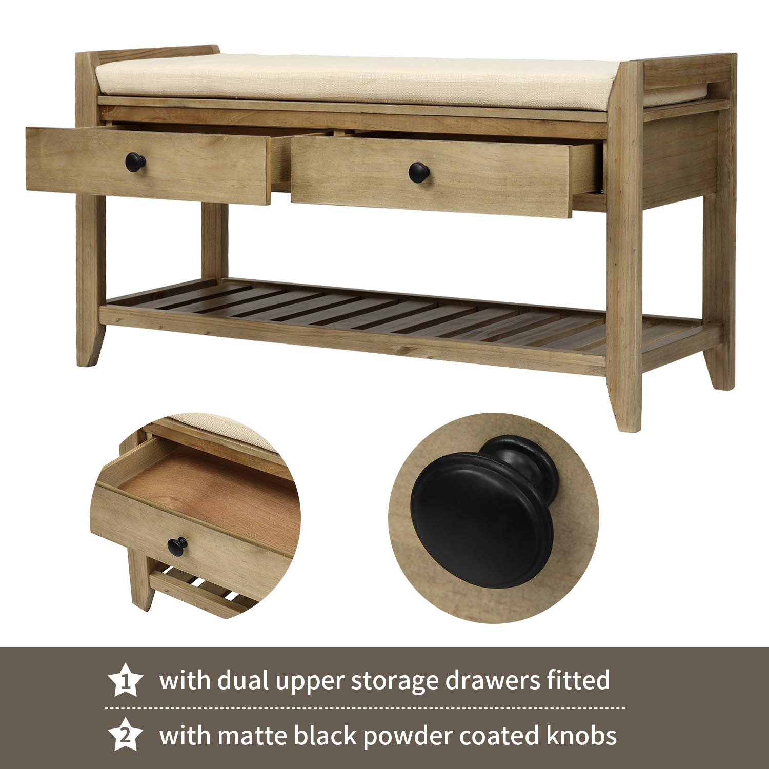 Gray Wash Shoe Bench with Cushion & Drawers - Entryway Storage for Hallway & Living Room