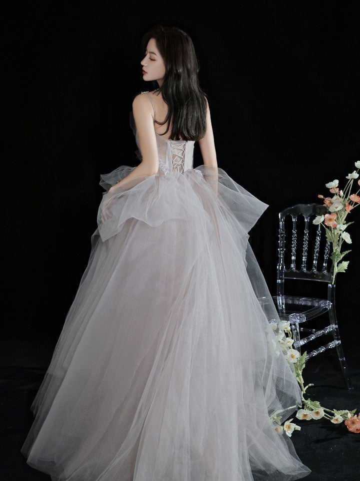 Elegant Light Gray Tulle Lace Long Prom Dress - Formal Evening Gown for Homecoming, Wedding, Quinceañera & Special Occasions