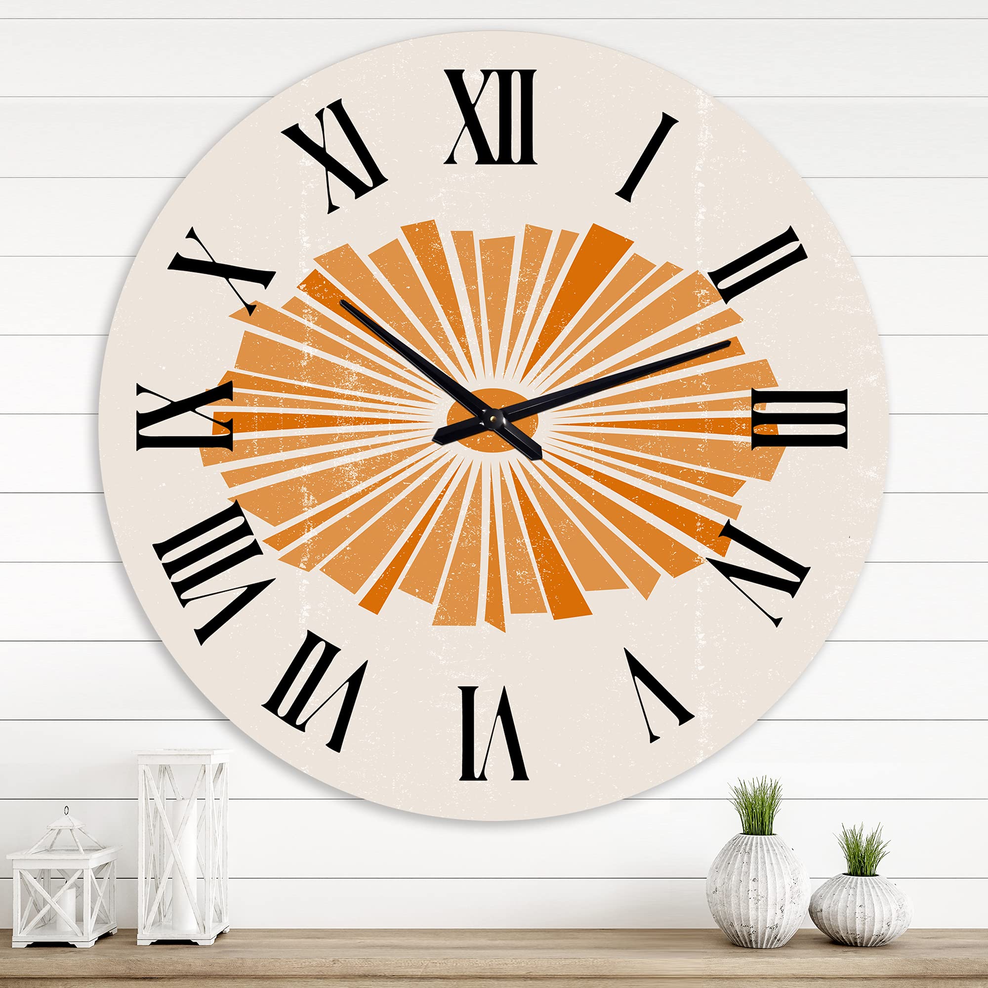 Minimalist Orange Sun Wall Clock - Modern Abstract Fractal Design Large Kitchen Decor - Perfect for Living Room, Bedroom & Office Spaces