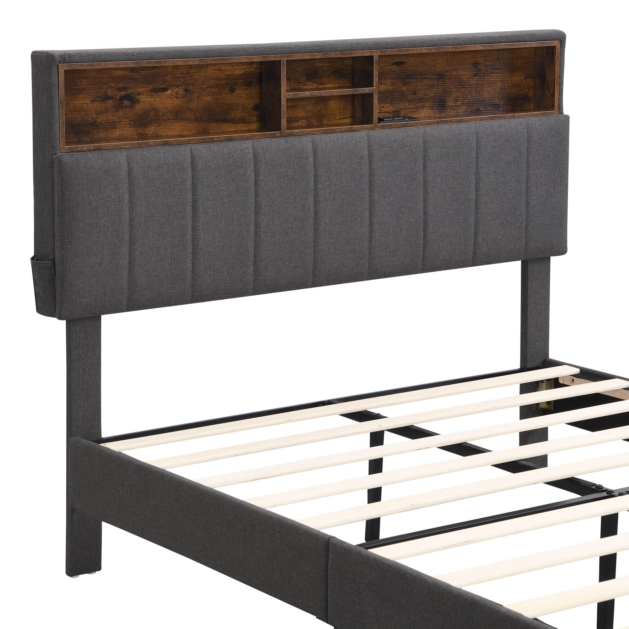 **Full Size LED Bed Frame with Headboard - Upholstered Platform Bed with Hidden Storage & USB Ports, Linen Fabric, No Box Spring Needed, Easy Assembly (Gray) - Perfect for Modern Bedrooms, Guest Rooms & Small Spaces**