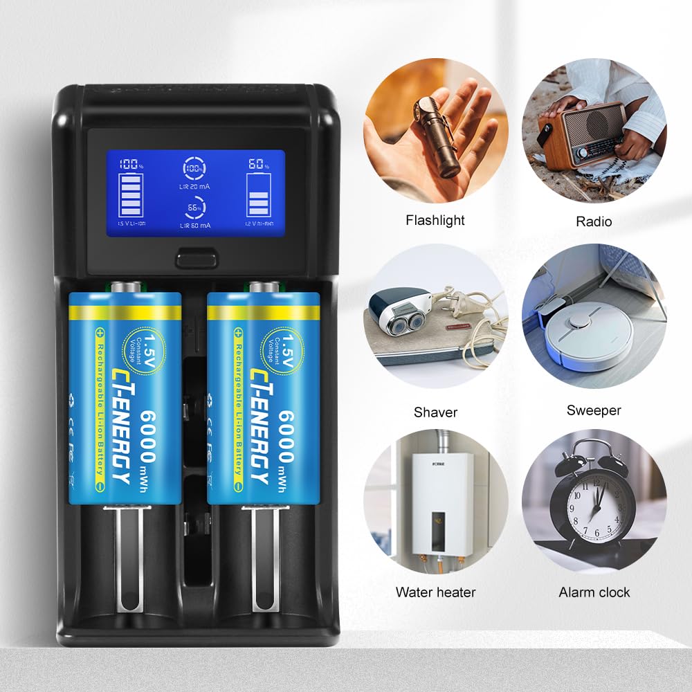 Rechargeable 1.5V Lithium C Batteries with Charger - 2 Pack for Flashlights, Emergency Kits & Camping Gear