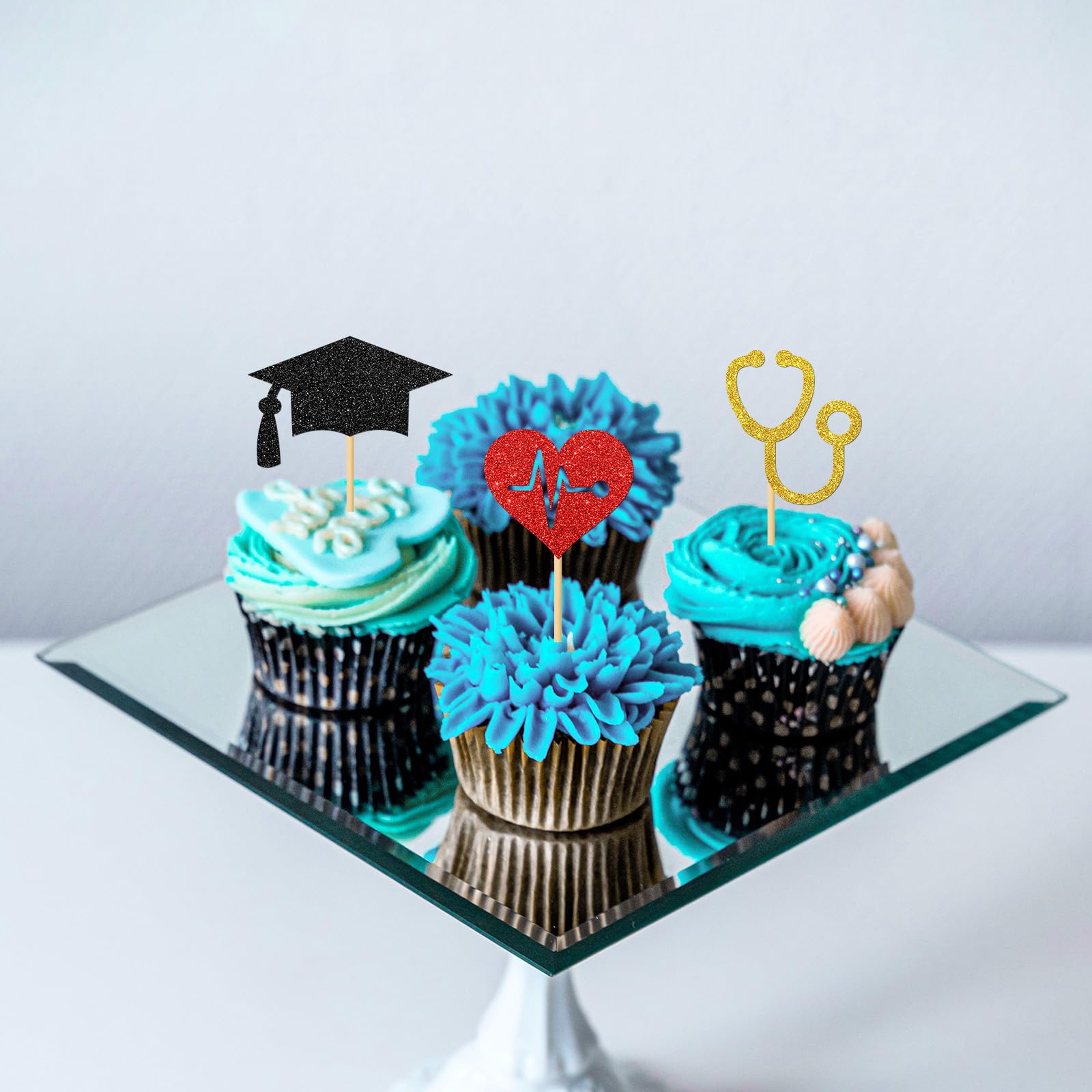 24-Piece Doctor & Nurse Graduation Cupcake Toppers - Medical RN Themed Decorations for Nursing School Graduation Parties (Black, Red & Gold Glitter) - Perfect for Healthcare Graduation Celebrations, Cake Decorating & Dessert Displays
