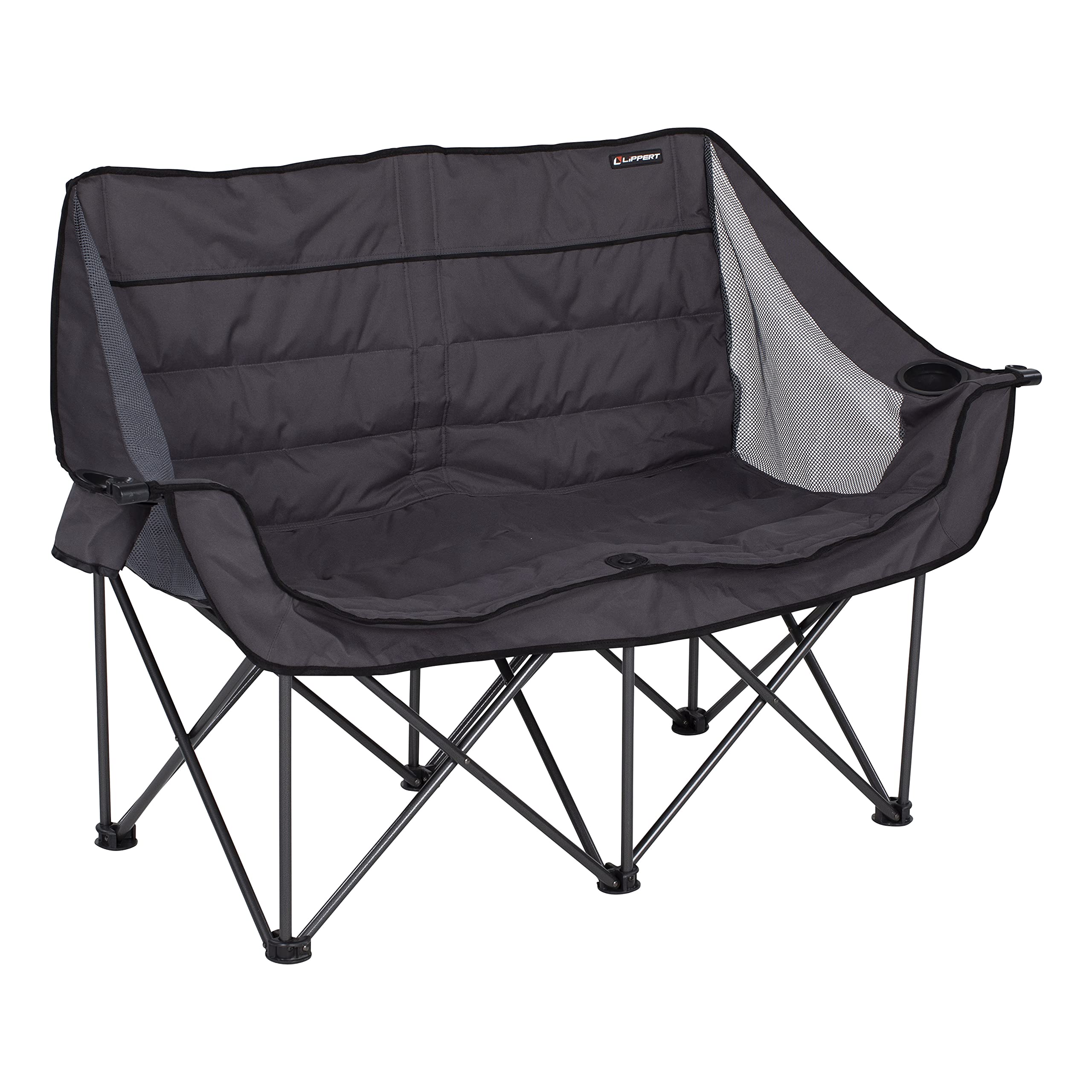 Lippert Folding Padded Loveseat for Camping - Portable Outdoor Recliner with Carry Bag, Dark Grey - Perfect for RV, Patio, Backyard & Picnic Use
