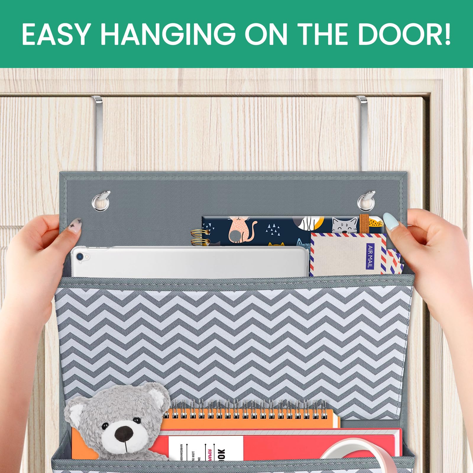 Godery Hanging Wall Organizer - 4 Pocket Fabric File Holder for Office Supplies, Notebooks, Planners & Mail - Wall Mount or Over The Door Storage Solution - Wave Pattern Design - Perfect for Home Office, Dorm Room & Workspace Organization
