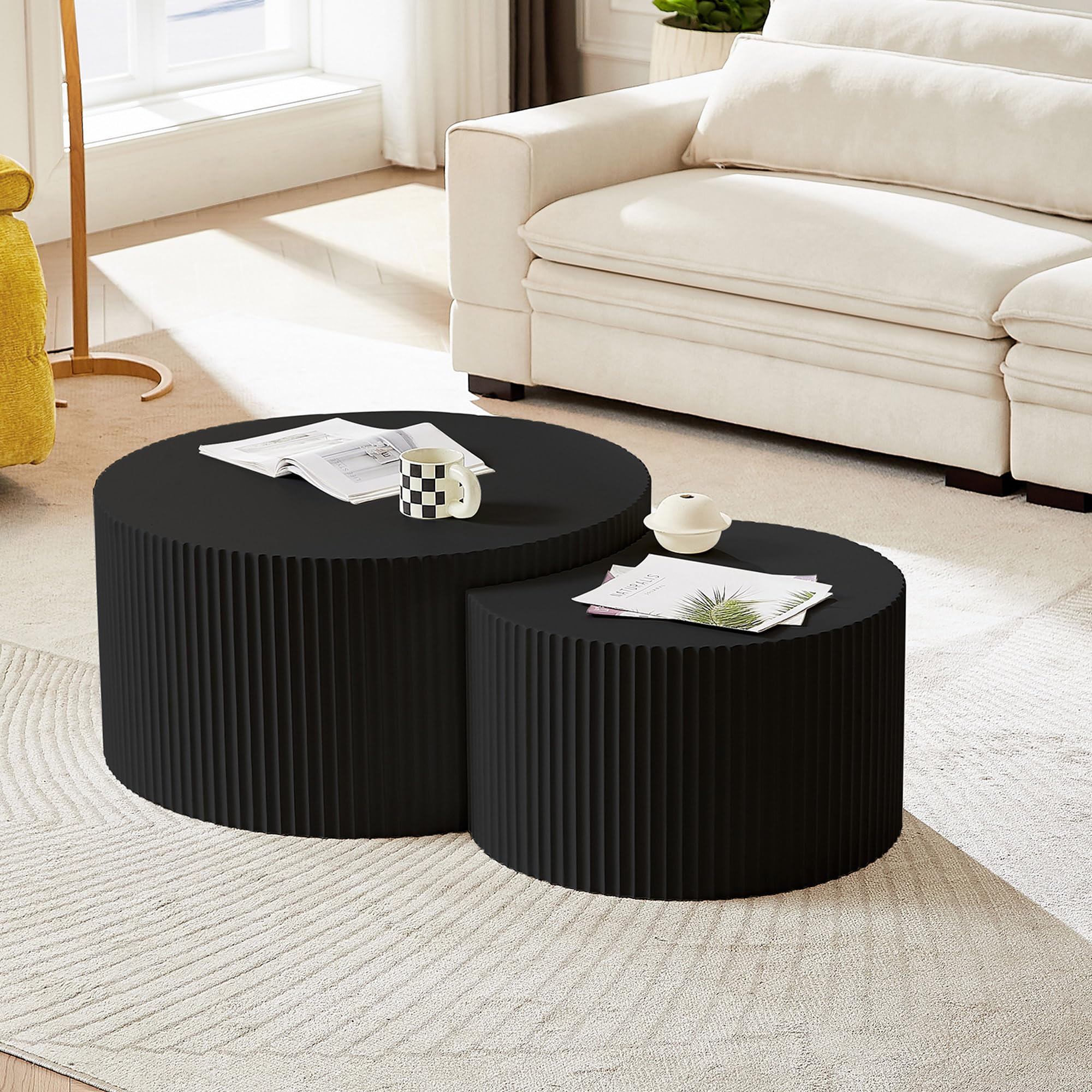 JUSTONE 2-Piece Nesting Coffee Table Set - Modern Matte Black Round Drum Side Tables for Living Room, Apartment, Bedroom - Space-Saving End Tables for Small Spaces & Home Decor (Black) | Perfect for Coffee, Books & Living Room Essentials