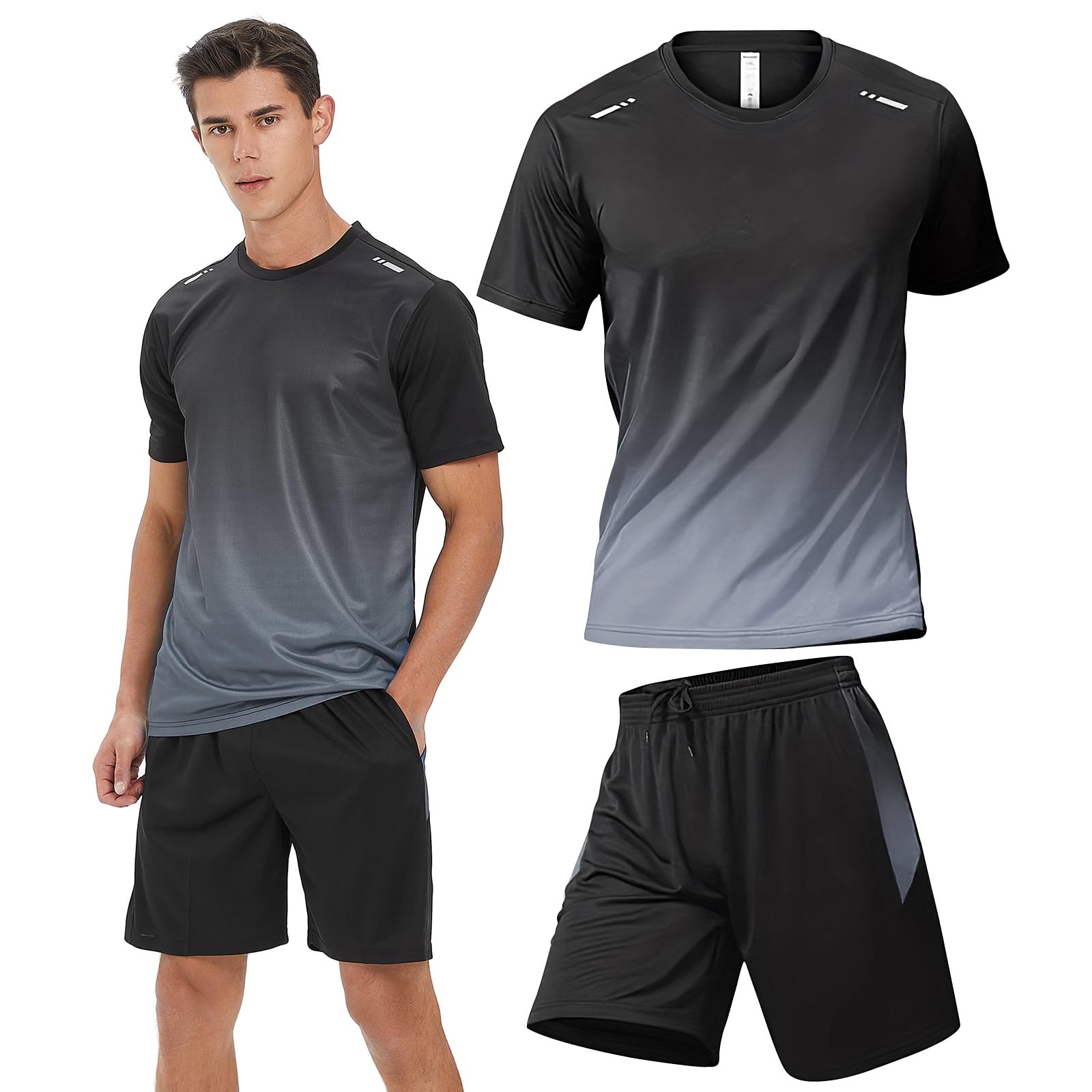 BOOMCOOL Men's Gym Clothes Set - 6 Pack Workout Shorts & Long Sleeve Shirts for Running, Training & Fitness | Moisture Wicking Dry Fit Athletic Outfits for Gym, Jogging & Sports Activities