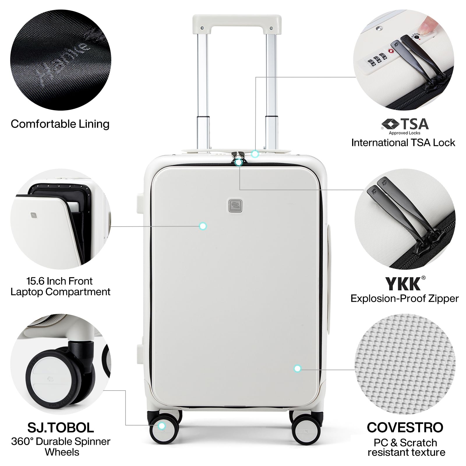 Hanke Grace 20 Inch Aluminum Frame Hard Shell Carry On Suitcase with Wheels - Airline Approved Luggage with Front Pocket for Business Travel, Short Trips & Weekend Getaways (Smoke White) - Perfect for Business Professionals & Frequent Flyers