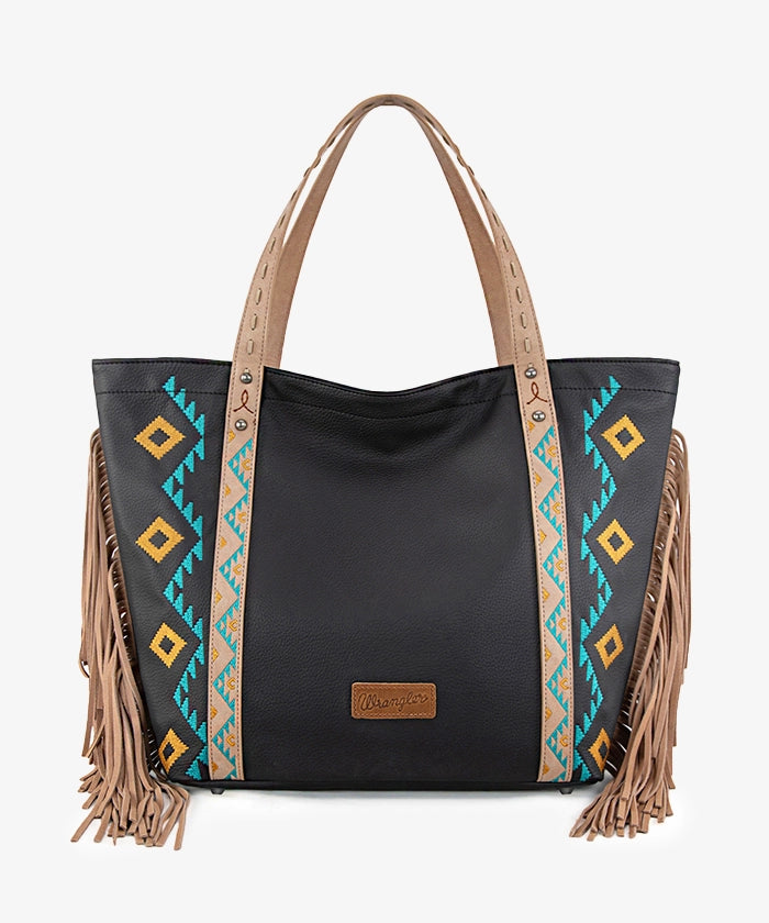 Wrangler Aztec Embroidered Fringe Wide Tote Bag for Women - Stylish Boho Shoulder Purse for Beach, Travel & Everyday Use