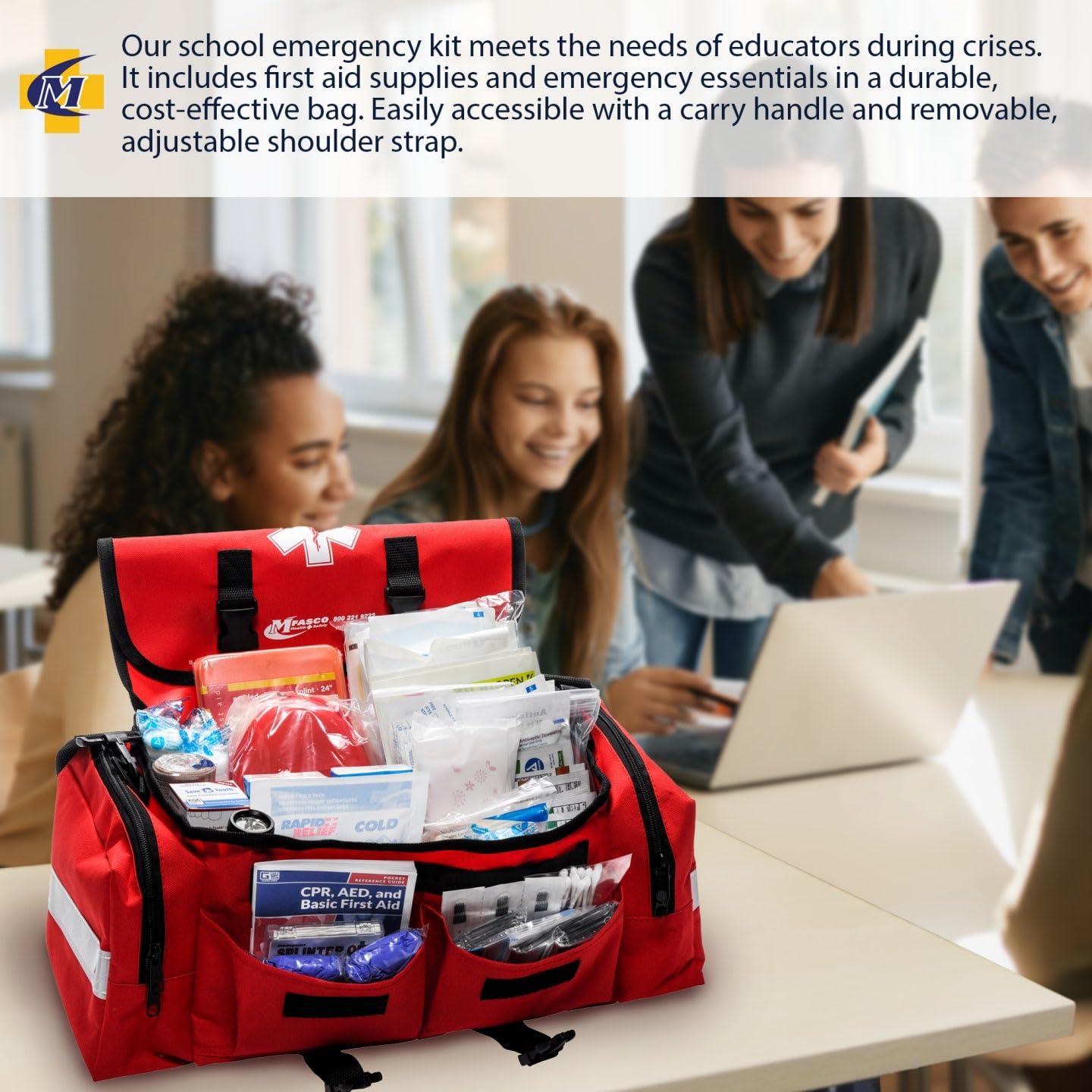 MFASCO Comprehensive School Classroom First Aid Kit - 200+ Emergency Supplies for First Aid Responders - Red Trauma Bag for Schools, Groups & Offices (10.5