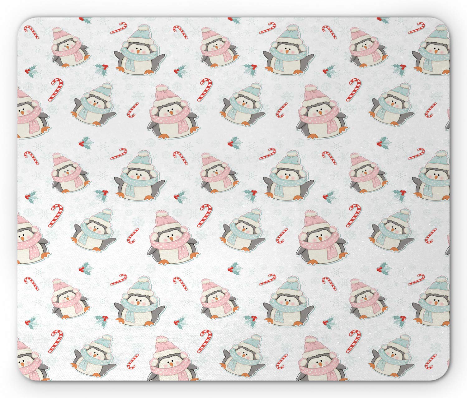 Ambesonne Christmas Candy Cane Mouse Pad - Festive Penguins with Scarves & Holly Berries Design - Non-Slip Rubber Base - Standard Size Rectangle Mousepad for Office & Gaming (Multicolor) - Perfect Holiday Gift for Kids & Adults