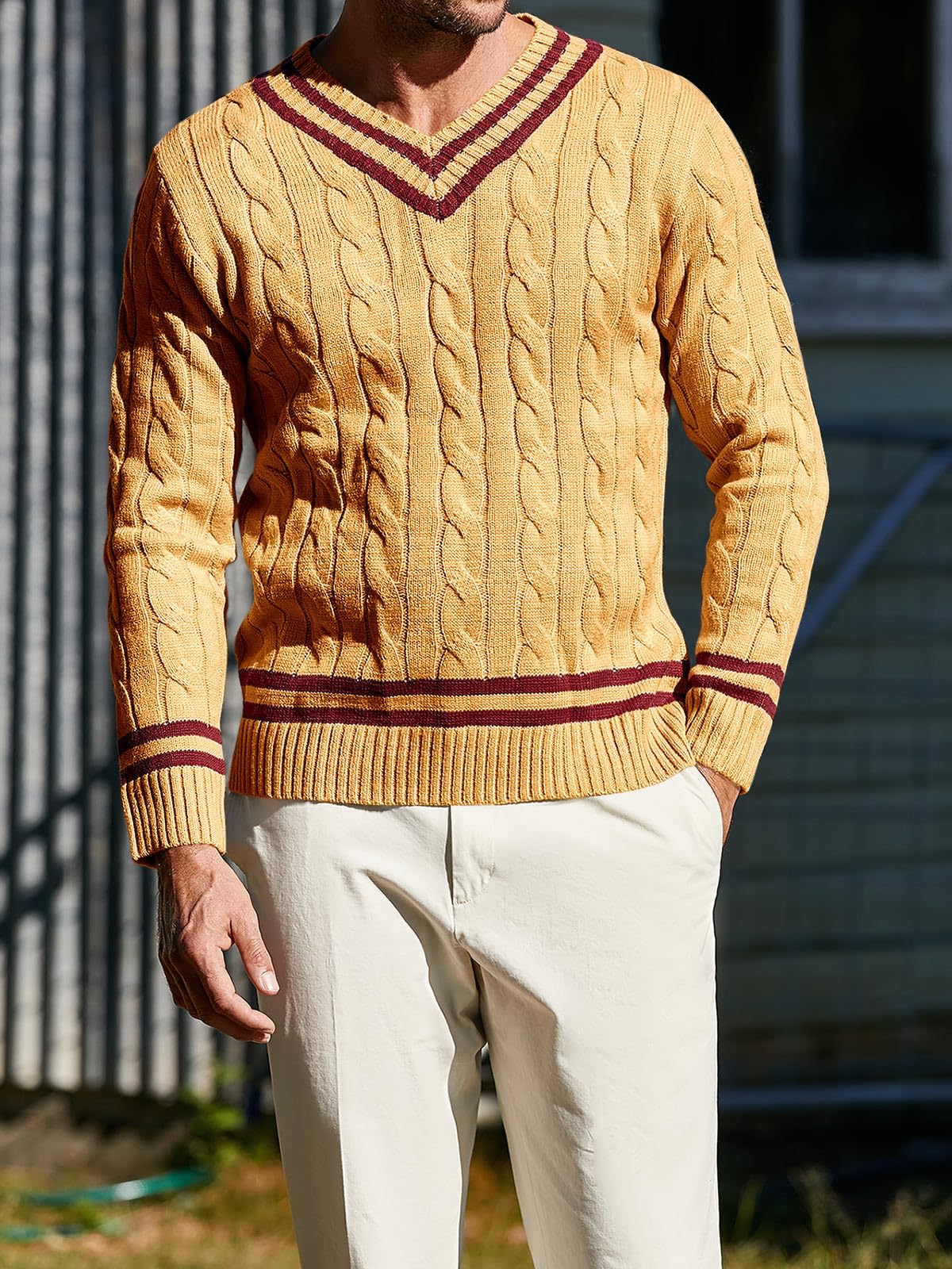 Makkrom Men's Slim Fit V-Neck Pullover Sweater - Ribbed Knit Cable Design for Casual & Business Wear - Perfect for Office, Dates & Winter Outfits