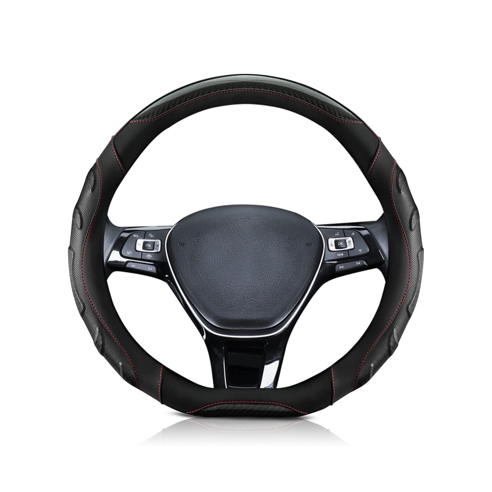 Premium D-Shaped Sport Steering Wheel Cover - Breathable Anti-Slip Carbon Fiber & Microfiber Leather - 15