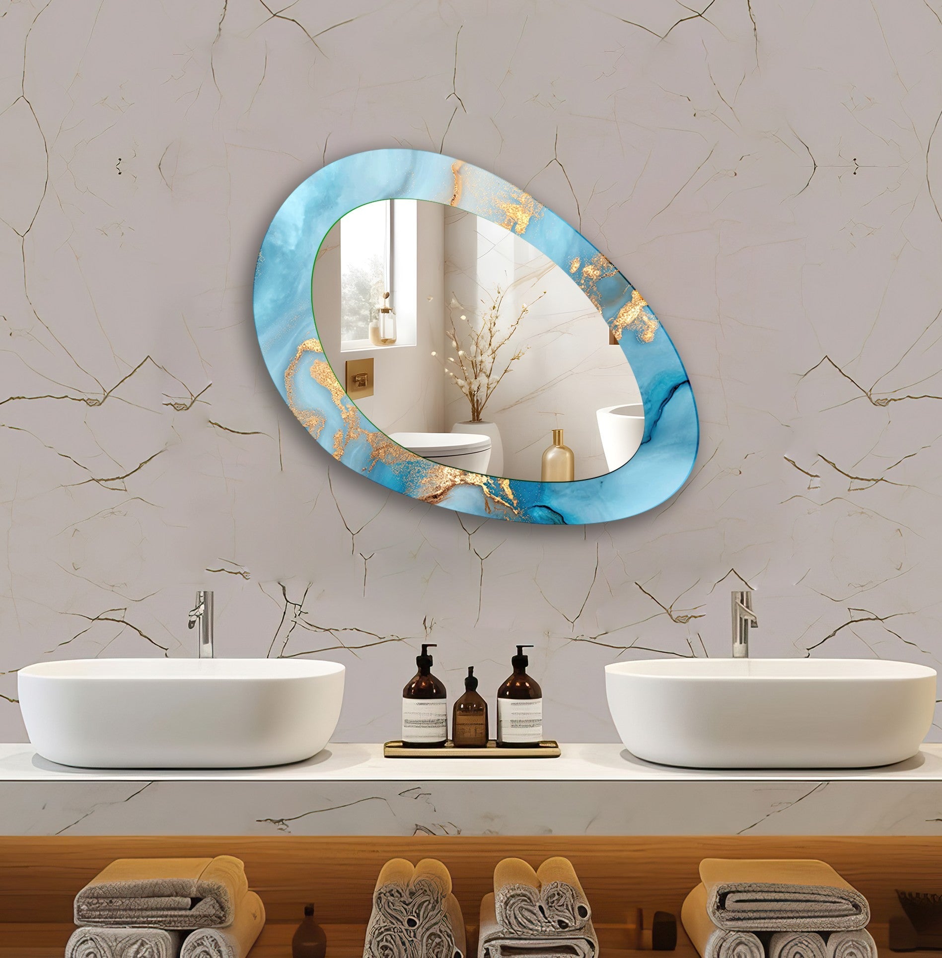 Blue Abstract Wall Mirror - Large Modern Decorative Mirror for Living Room, Bedroom & Entryway Decor