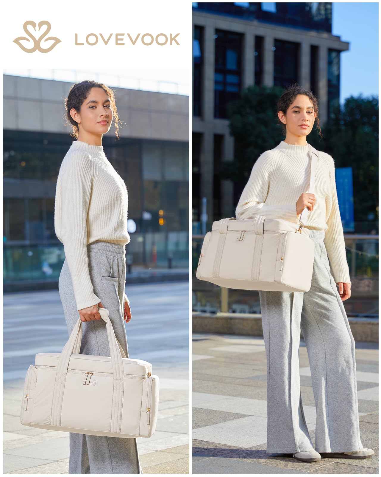 LOVEVOOK Women's Puffer Weekender Travel Duffle Bag - 3-Piece Set with Toiletry Bag & Wet Pocket - Perfect for Airplane Carry-On, Hospital Labor Delivery, Yoga Gym & Weekend Getaways - Beige