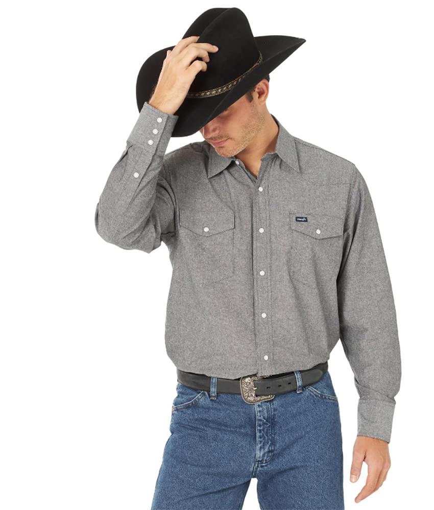 Wrangler Men's Western Work Shirt - Classic Washed Denim Shirt for Cowboy, Ranch & Outdoor Work - Durable Cotton Shirt for Farming, Rodeo & Casual Wear