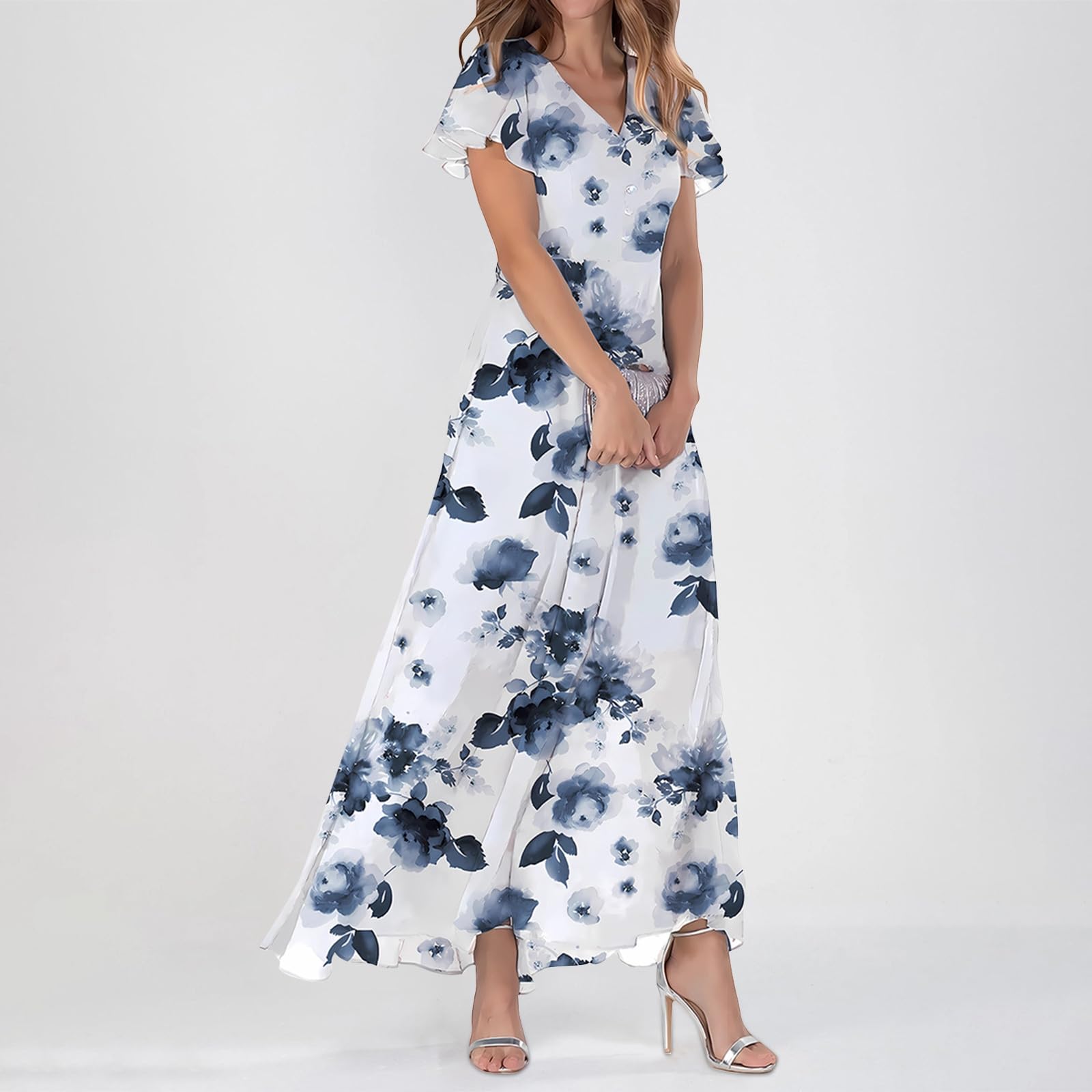Elegant Flowy Chiffon Maxi Dress for Women - Floral Wedding Guest Dress, Semi Formal Summer Outfits | Perfect for Garden Parties, Bridal Showers & Beach Vacations