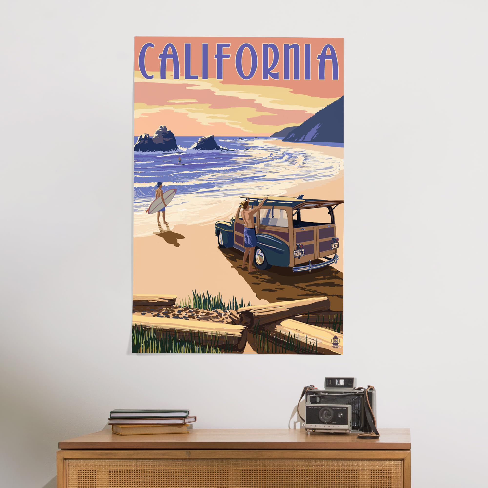 Lantern Press 24x36 Inch Giclee Art Print - California Beach Wall Decor with Woody - Premium Canvas Wall Art for Living Room, Bedroom & Office