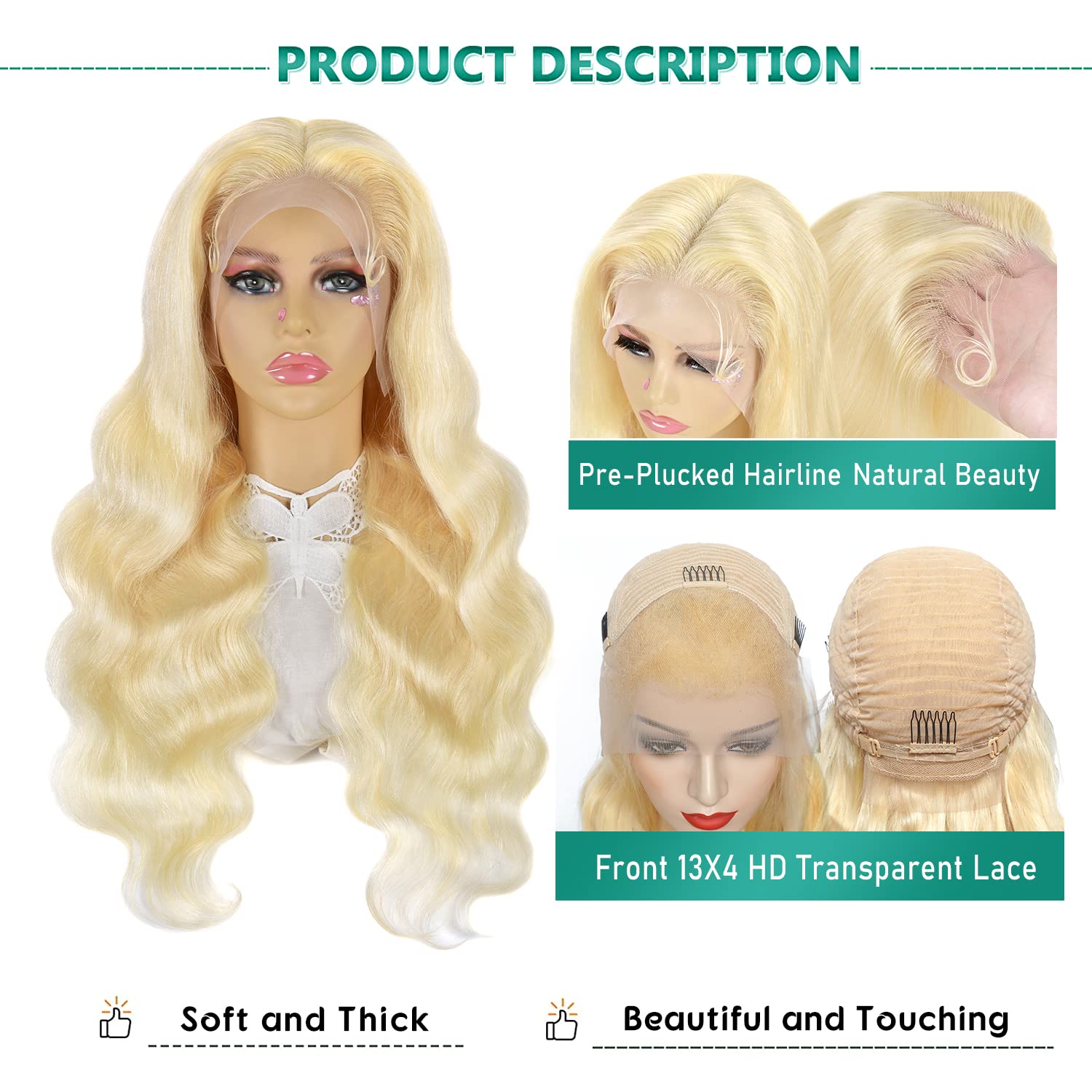 613 Lace Front Wig Human Hair 13x4 HD Lace Frontal - 180% Density Body Wave Blonde Pre-Plucked with Baby Hair (32 Inch) - Perfect for Cosplay, Daily Wear & Special Occasions