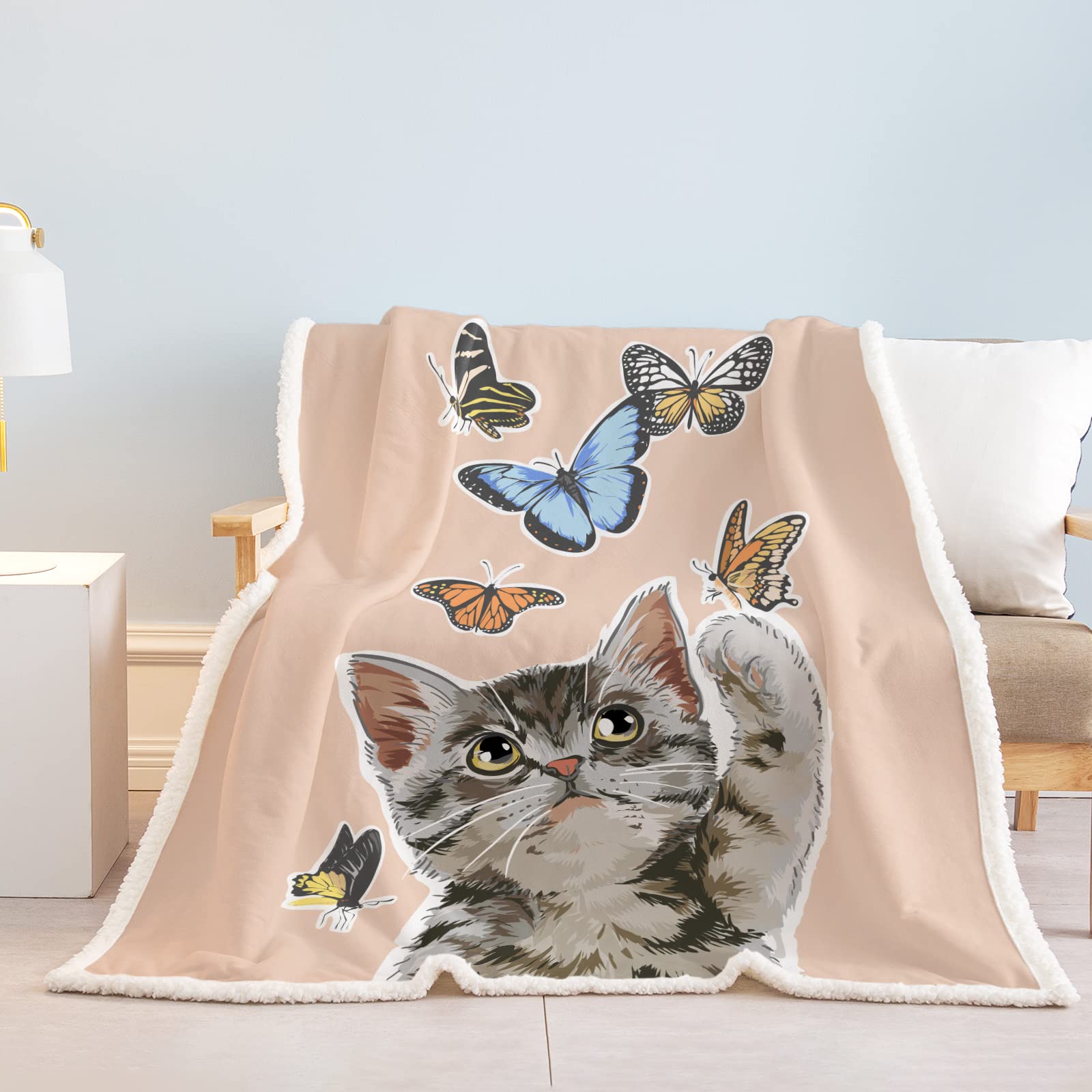 SOULZZZ Light Pink Sherpa Cat Blanket Queen Size 60x80 Inch - Soft Fluffy Plush Throw for Teens, Kids, Cat Lovers - Perfect for Bedroom, Sofa, Nap, Gift (Persian Cat & Butterflies Design)