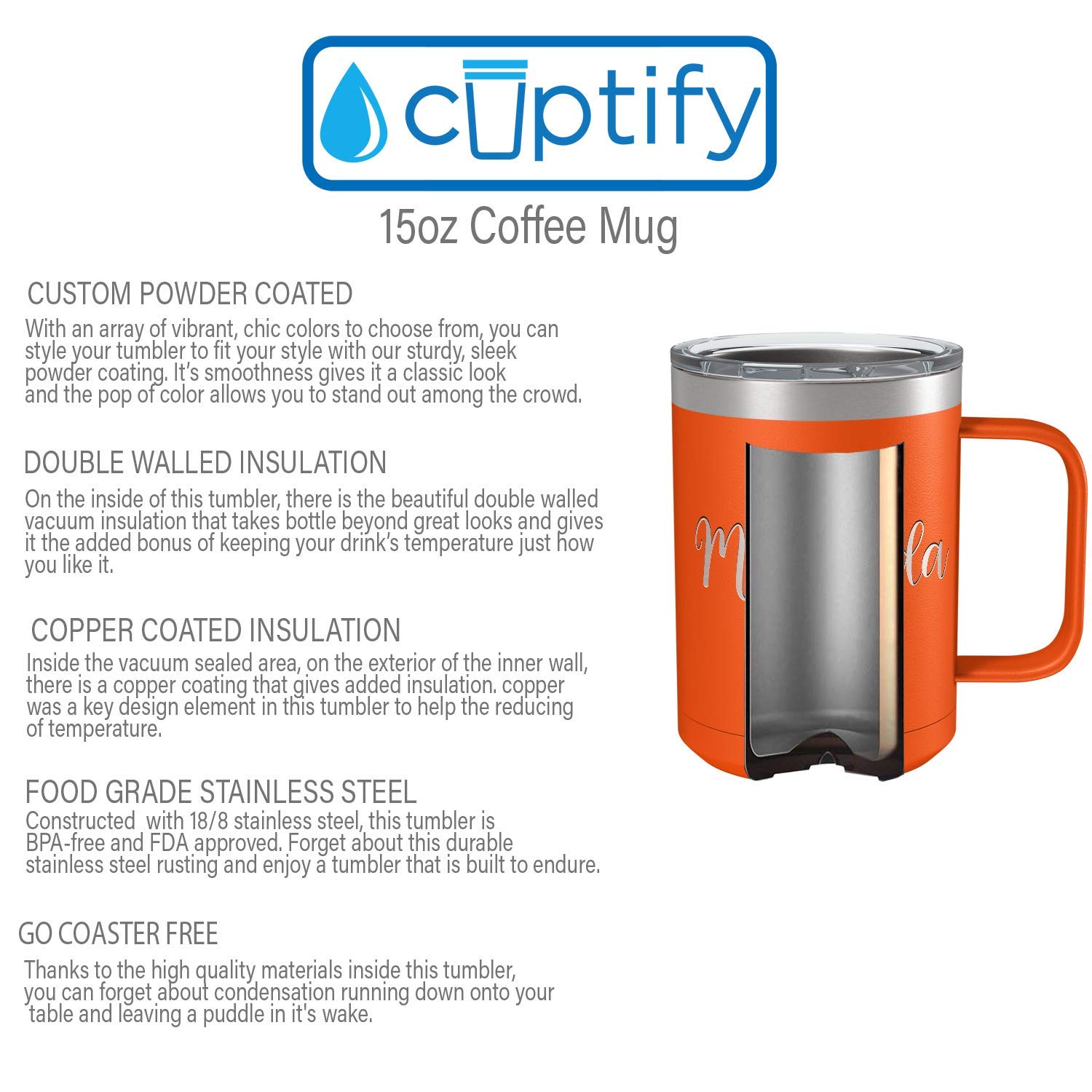 Custom Engraved 15 oz Orange Matte Stainless Steel Vacuum Insulated Coffee Mug - Personalized Gift with Handle for Office, Travel & Home Use