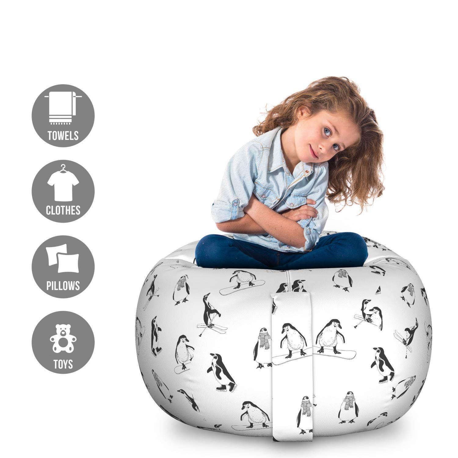 Ambesonne Penguin Storage Toy Bag Chair - Large Washable Stuffed Animal Organizer with Skiing Penguins Winter Sports Design - Perfect for Kids' Room, Playroom & Nursery Organization (White & Black)