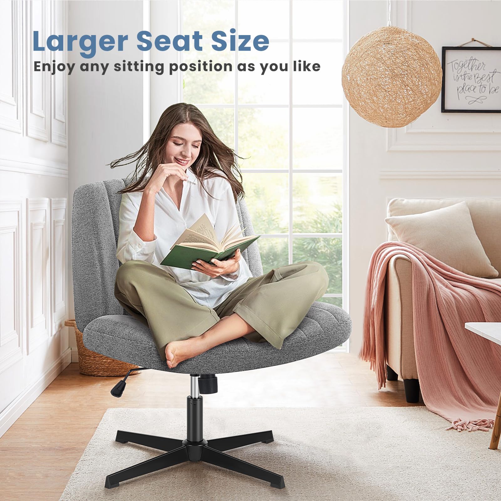 DUMOS Criss Cross Legged Office Chair - Armless Wide Seat Swivel Chair with Height Adjustment, Modern Fabric Desk Chair for Home Office, Bedroom & Vanity Use - No Wheels Design