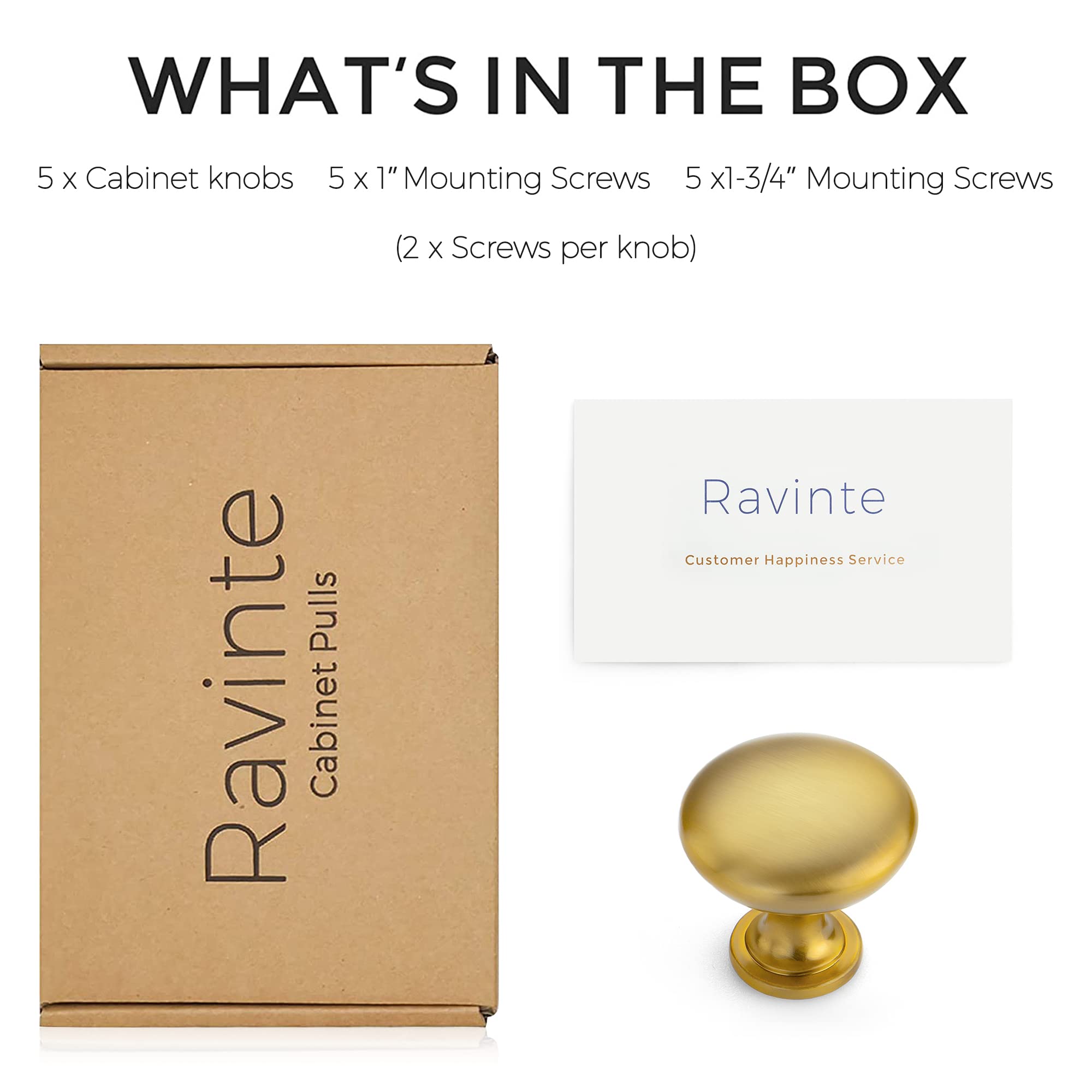 Ravinte 5-Pack Brushed Brass Cabinet Knobs - Zinc Alloy Drawer Pulls & Dresser Handles for Kitchen, Bathroom & Furniture (Ideal for Cabinets, Dressers, Closets & DIY Home Decor Projects)