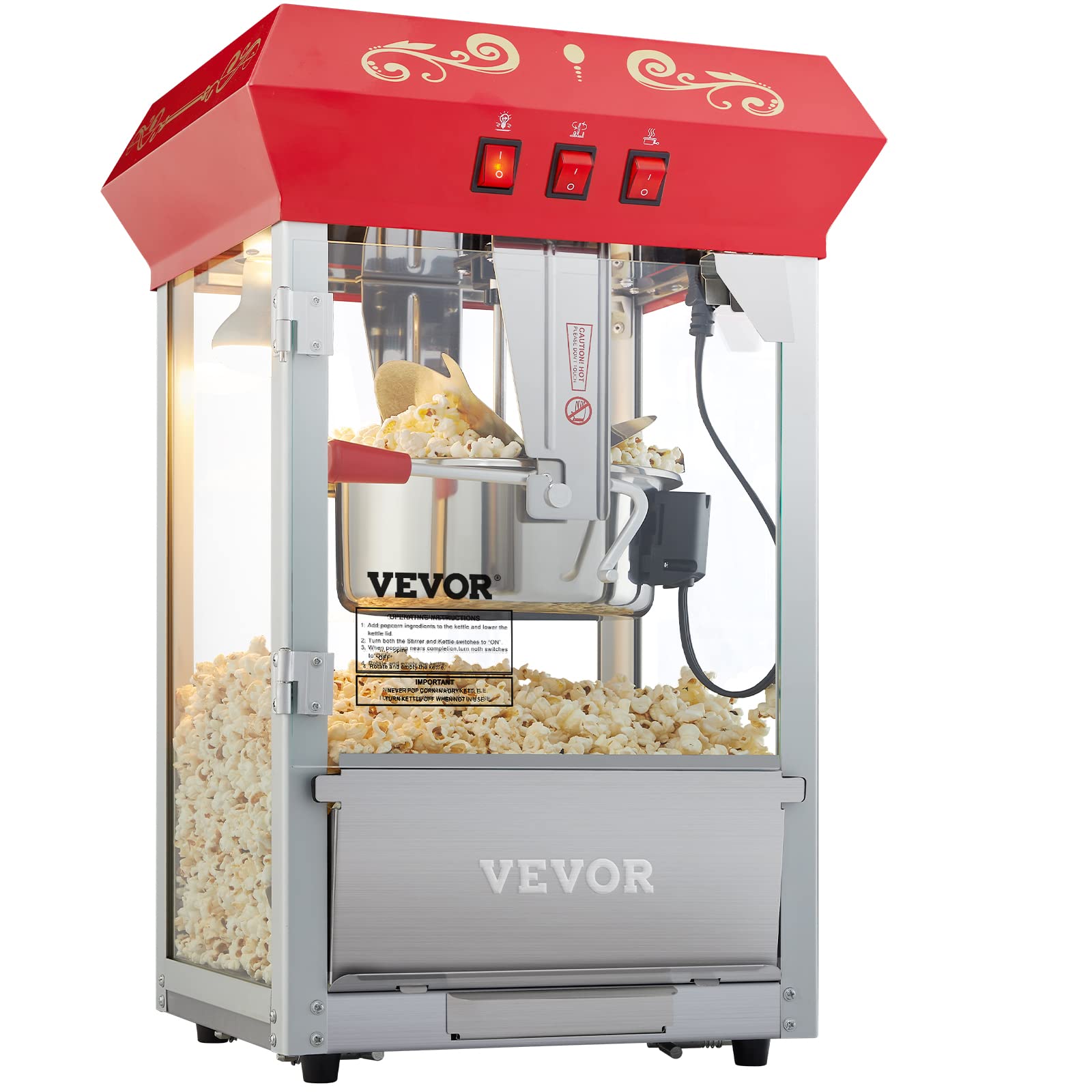 VEVOR 8 Oz Commercial Popcorn Machine - 850W Countertop Popcorn Popper Makes 48 Cups per Batch - Theater Style with 3-Switch Control, Steel Frame & Tempered Glass - Includes Scoop & Spoons (Red) - Perfect for Movie Nights, Carnivals, and Snack Bars