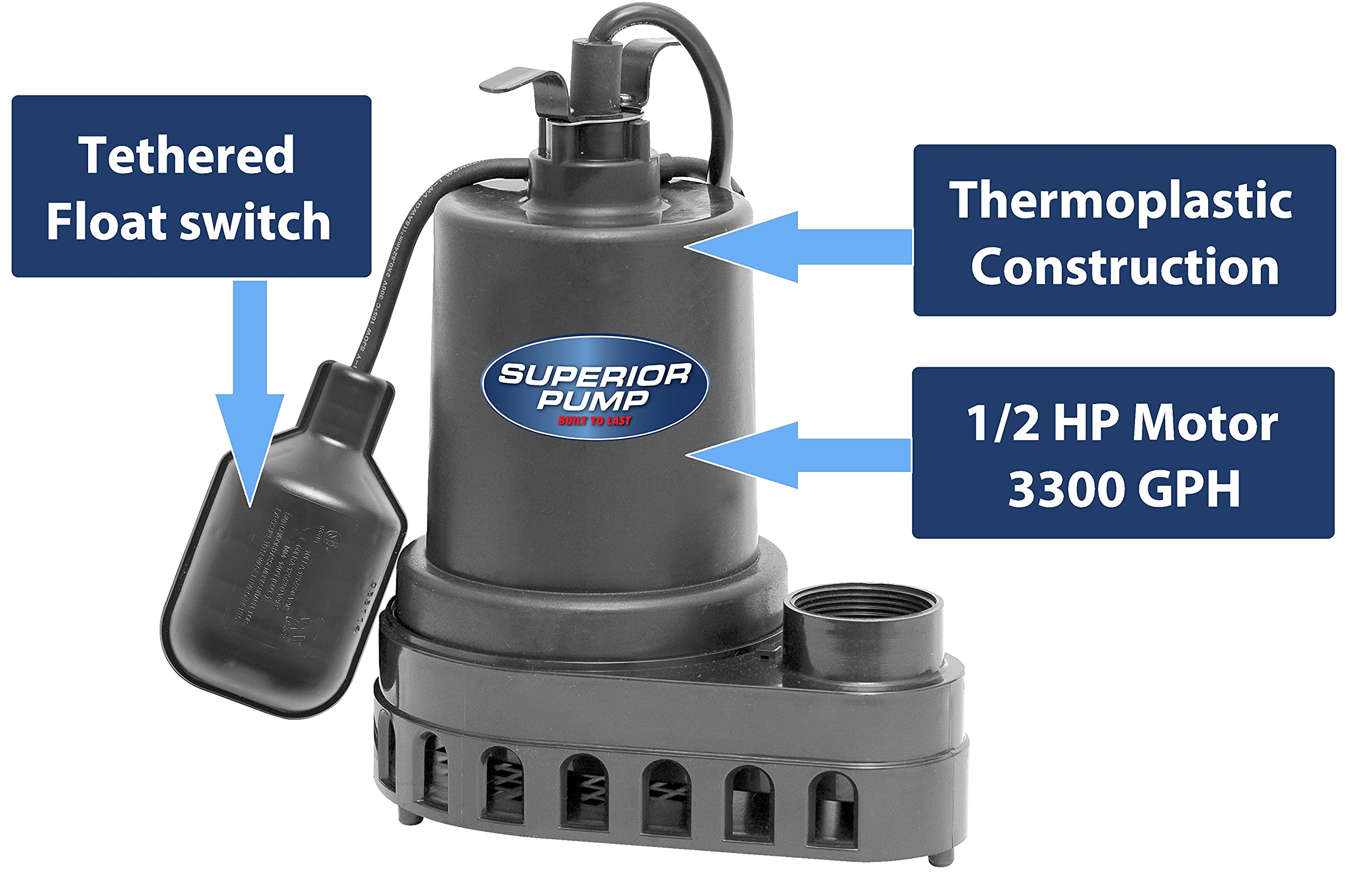 Superior Pump 92570 1/2 HP Thermoplastic Submersible Sump Pump with Tethered Float Switch - Heavy Duty Water Removal for Basements, Crawl Spaces & Flooded Areas
