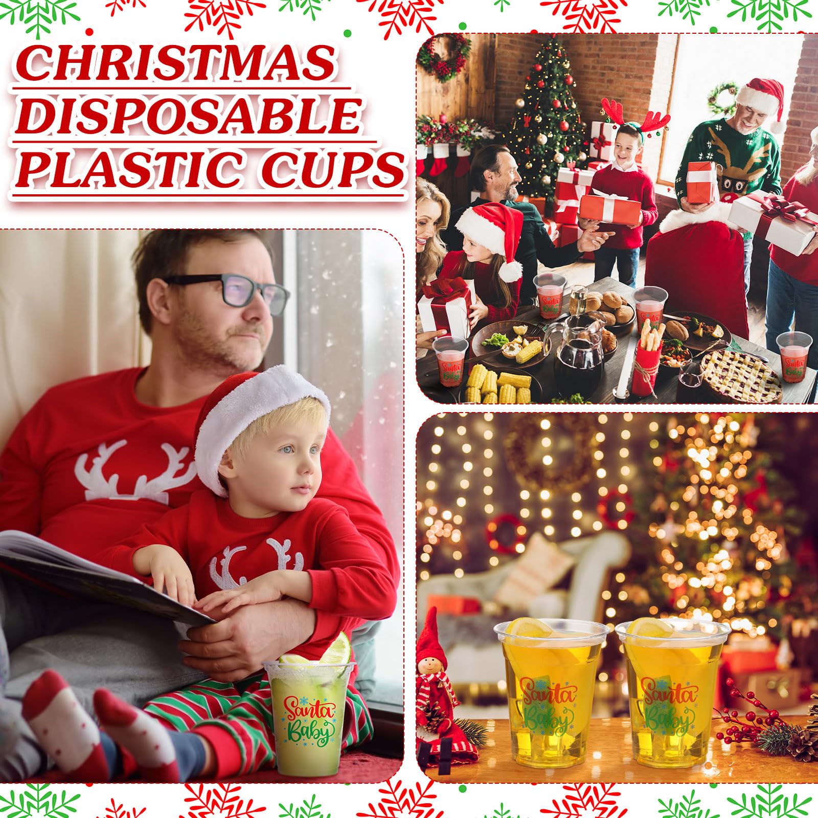 50 Pack Santa Baby Shower Plastic Cups - 12oz Clear Christmas Party Supplies for Holiday Celebrations, Baby Showers & Festive Gatherings