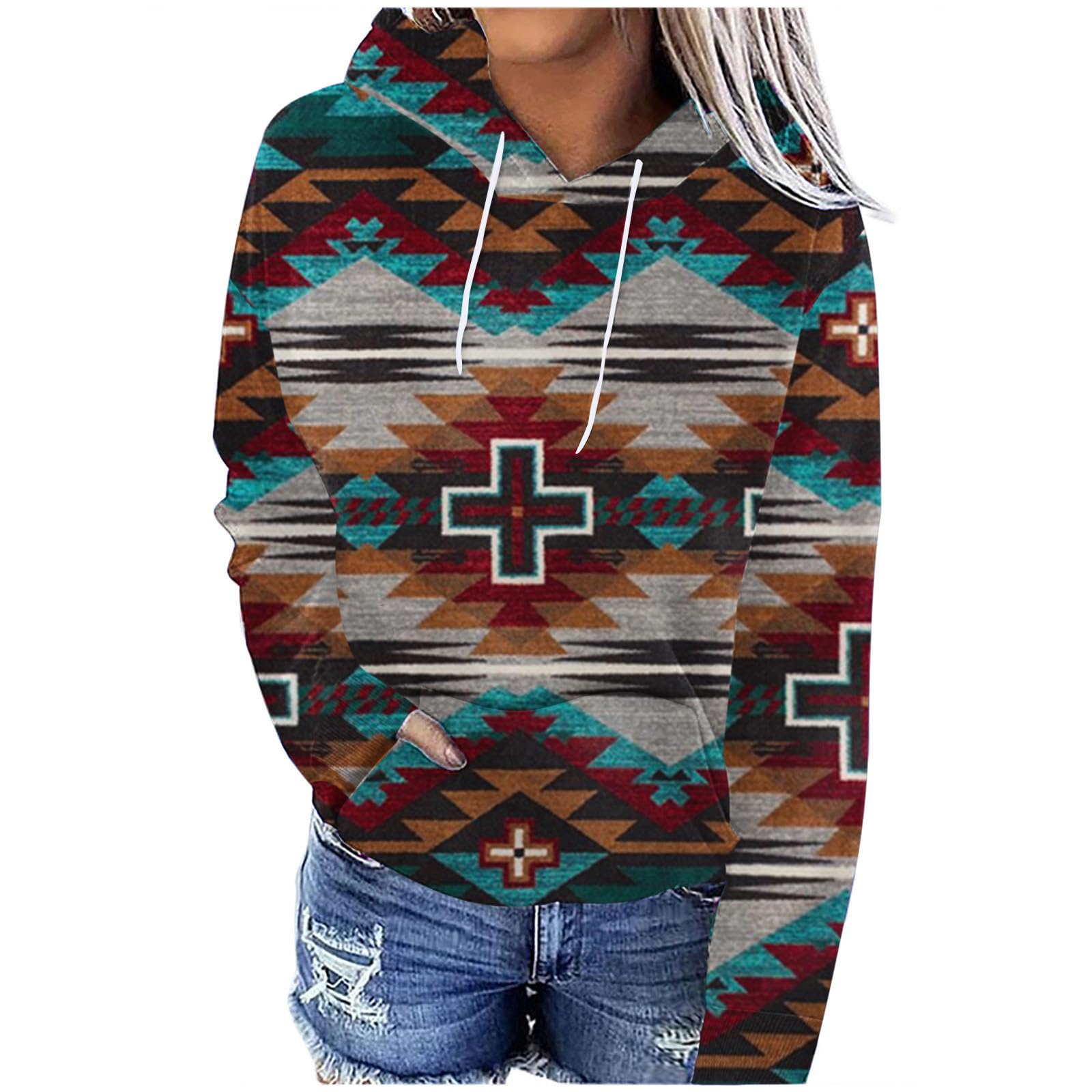 Ceboyel Women's Aztec Print Hoodie - Vintage Western Drawstring Sweatshirt, Ethnic Graphic Pullover Top for Casual Fall Wear | Perfect for Outdoor Adventures & Cozy Evenings