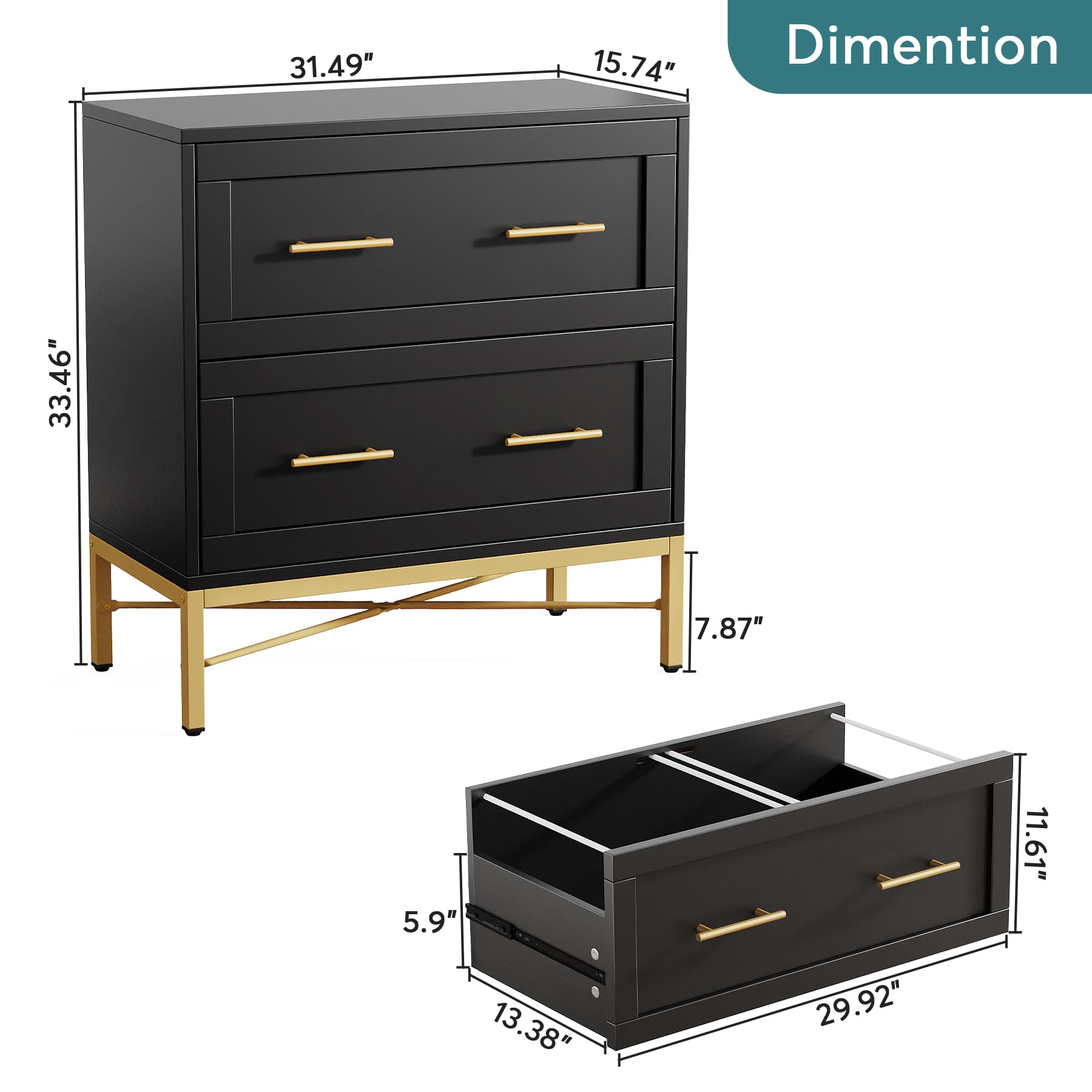 Tribesigns 2 Drawer File Cabinet - Modern Lateral Filing Cabinet for Letter/Legal/A4 Size Documents - Large Storage Cabinet with Printer Stand for Home Office - Black & Gold - Perfect for Organizing Files, Office Supplies & Workspace Essentials