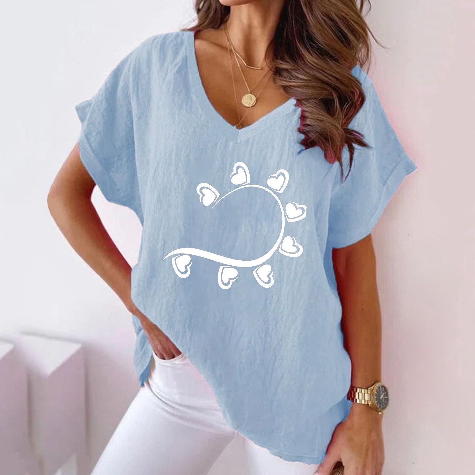 AMhomely Women's V-Neck Printed T-Shirts - Comfortable Fancy Blouses & Tunics for Casual Wear, Office, and Summer Outfits | Longline Floaty Tops & Basic Shirts