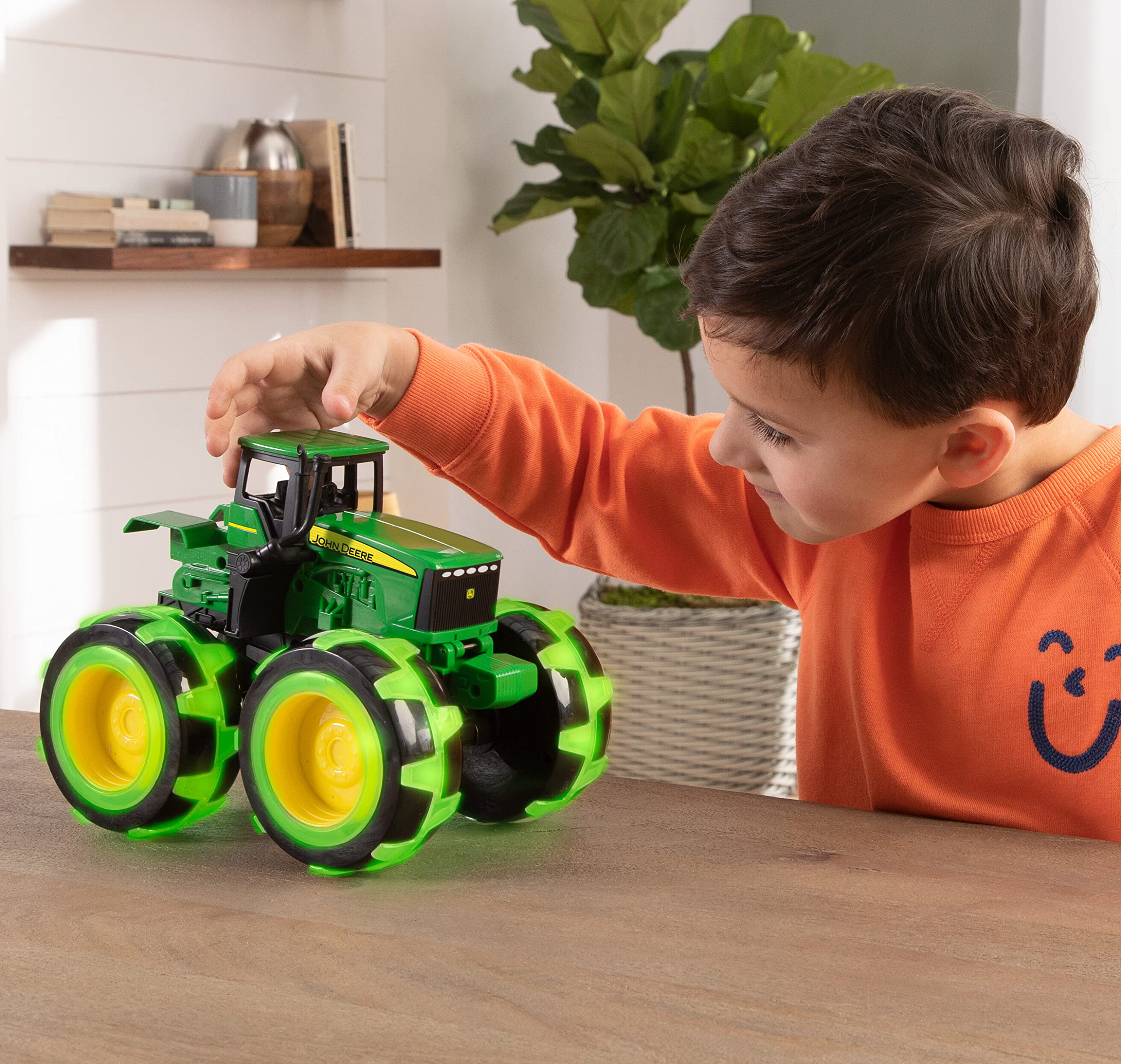 John Deere Tomy Monster Treads Lightning Wheels Tractor Toy - Motion Activated Light Up Monster Truck with Big Tires - Frustration Free Packaging - Best Gift for Boys & Girls Ages 3+ - Perfect for Indoor Play, Birthday Parties & Pretend Farming Adventures