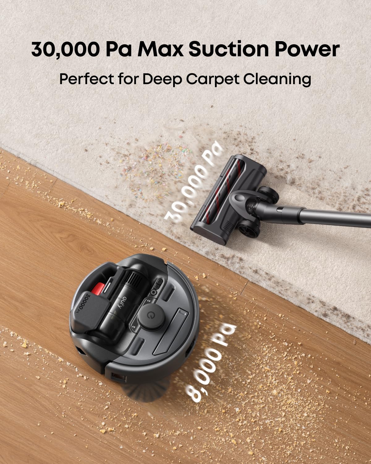 Eufy 3-in-1 Robot Vacuum Cleaner E20 with Self-Emptying Base (10 Weeks Capacity) | 30,000Pa Powerful Suction | Stick & Handheld Vacuum Combo | Smart Obstacle Avoidance | Pro-Detangle Technology | Ideal for Carpets, Hard Floors, Stairs & Tight Spaces | Perfect for Pet Hair, Home Cleaning & Daily Maintenance
