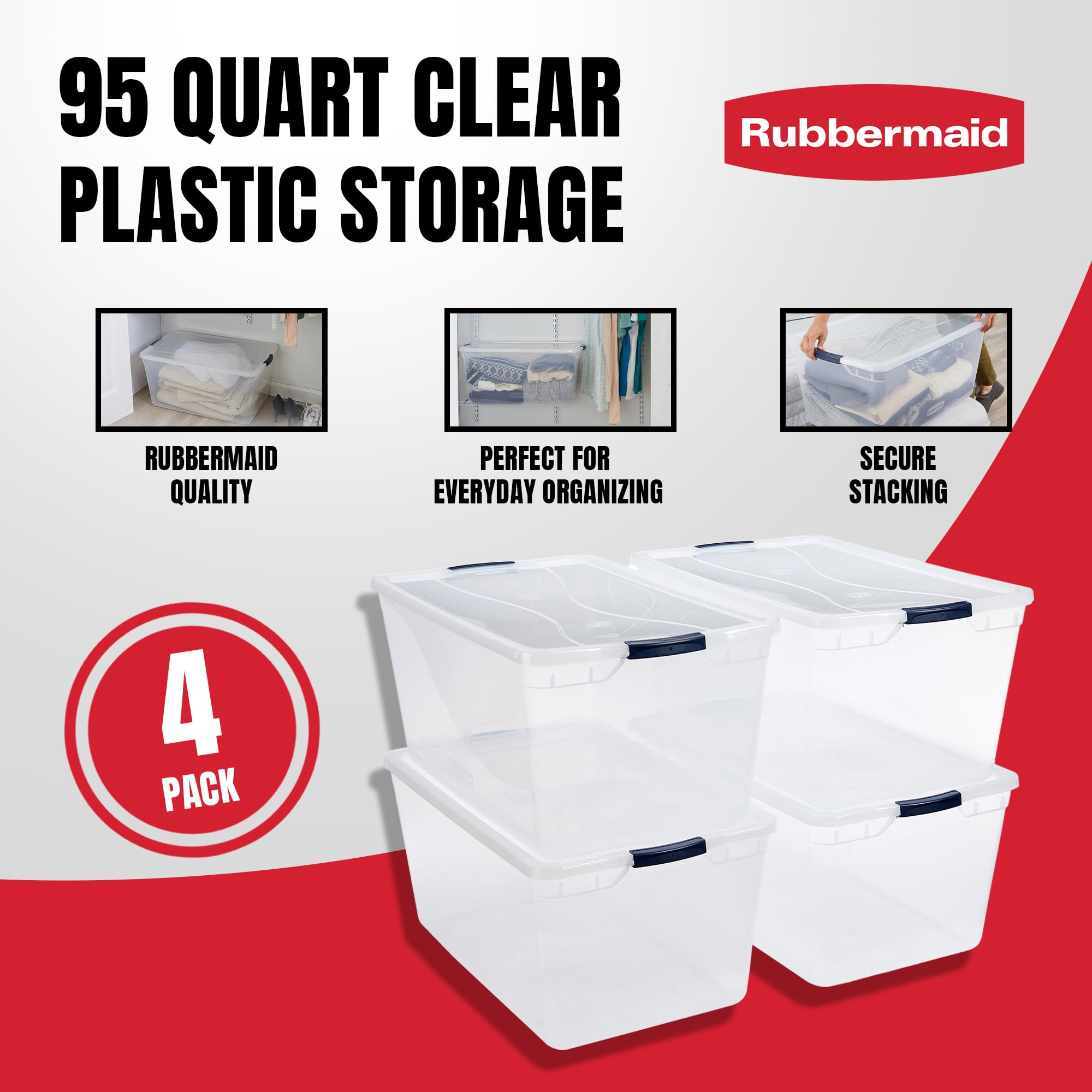 Rubbermaid Cleverstore 95 Quart Clear Stackable Plastic Storage Bins with Lids - 4 Pack Large Organizing Containers for Pantry, Closet, Office & Home Organization - Perfect for Food Storage, Seasonal Decor & Toy Organization