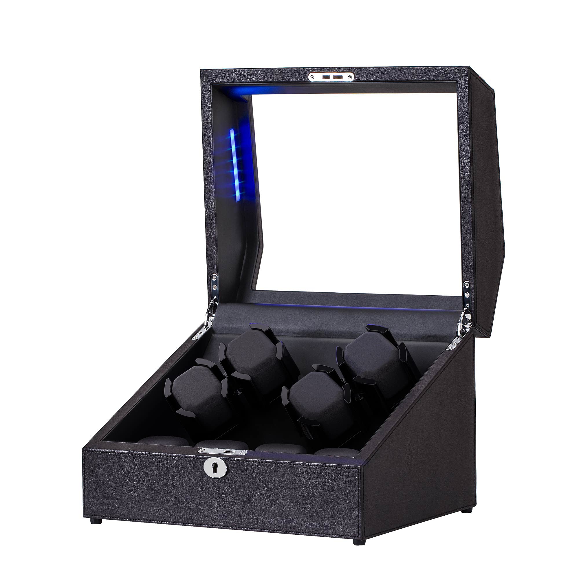 Premium Watch Winder for 4 Automatic Watches - Silent Mabuchi Motor, 4 Rotation Modes, Lockable Coffee Leather Box with Blue LED Interior Lighting + 4 Extra Storage Slots | Perfect for Watch Collectors, Travel & Home Display