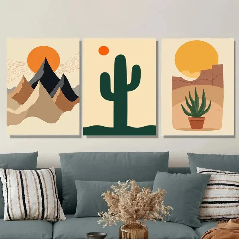 3-Piece Abstract Cactus & Mountains Wall Art - Pine Wood & Metal Framed Ready-to-Hang Decor for Living Room, Bedroom & Office