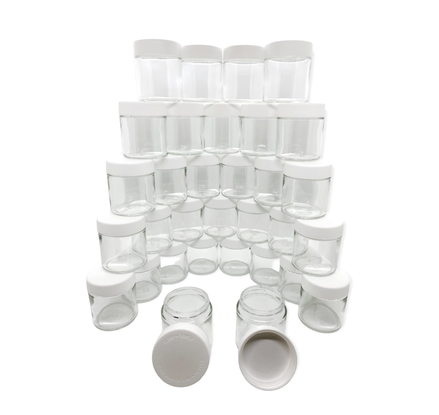 Child Resistant 3oz Glass Jars with White Lids - 100 Pack Airtight Containers for Storing Herbs, Spices, CBD, and Essential Oils - Perfect for Home, Kitchen, and DIY Projects (CLRJARWHTCAP)