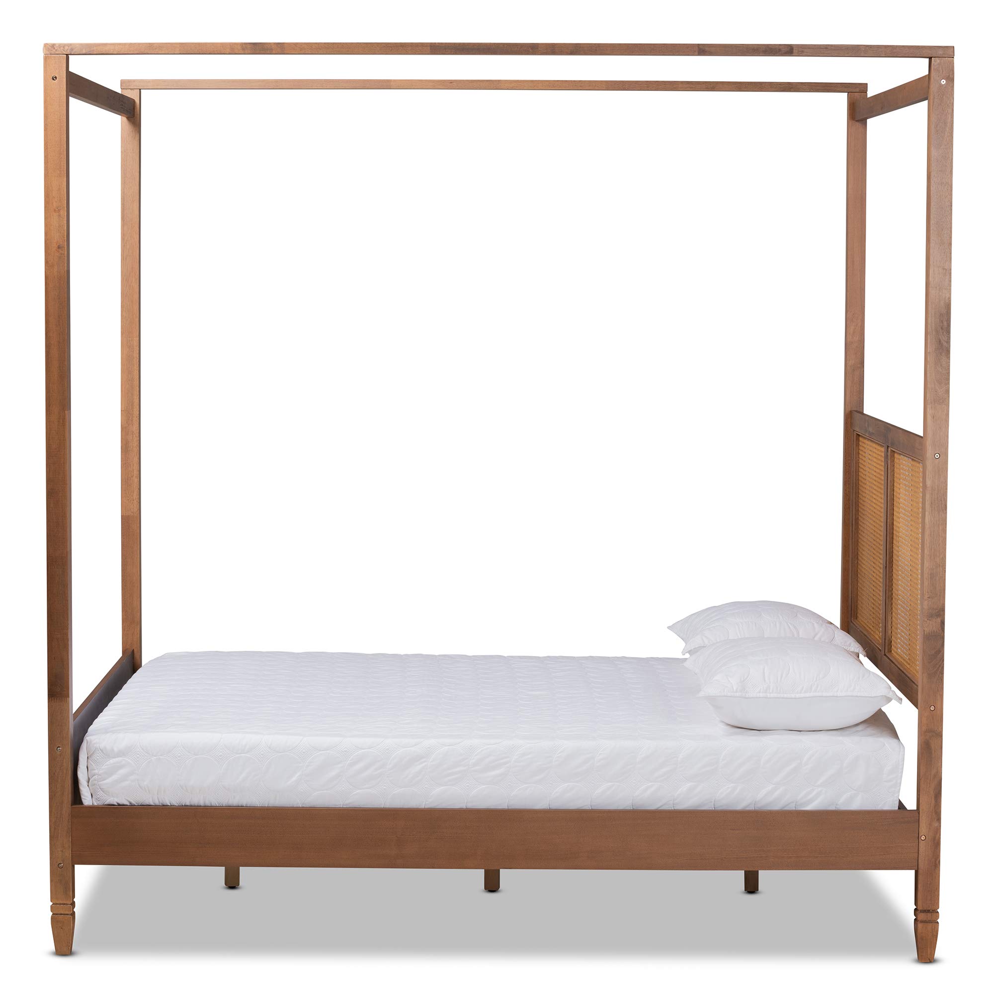 Baxton Studio Malia Modern Queen Size Canopy Bed - Walnut Brown Wood & Rattan Design for Bedroom Decor | Perfect for Contemporary Master Bedrooms and Guest Rooms