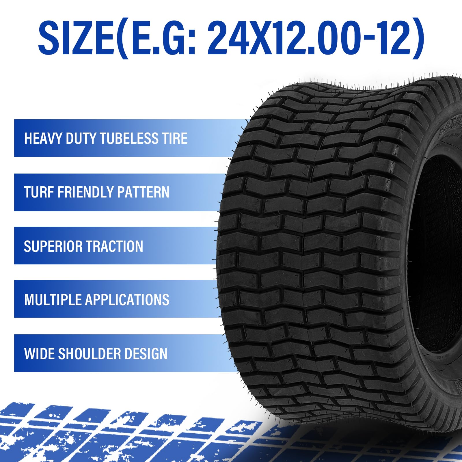 24x12.00-12 6-Ply Tubeless Lawn Mower Tractor & Golf Cart Tires - Heavy Duty Garden Turf Tires (Set of 2) - Perfect for Lawn Care, Golf Courses & Agricultural Use