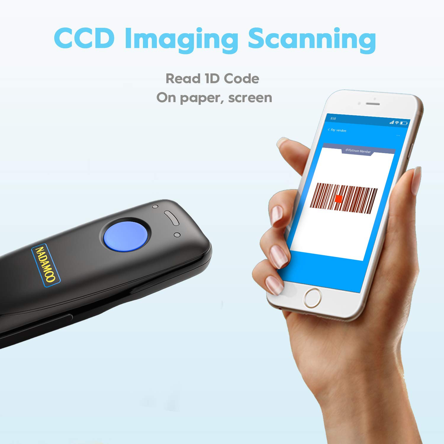 NADAMOO Wireless Bluetooth Barcode Scanner with Charging Dock - Portable USB 1D Barcode Reader for Inventory Management, Compatible with iPhone, iPad, Android & iOS Devices (2.4G Wireless/Wired) - Perfect for Retail Stores, Warehouses & Small Business Inventory Tracking