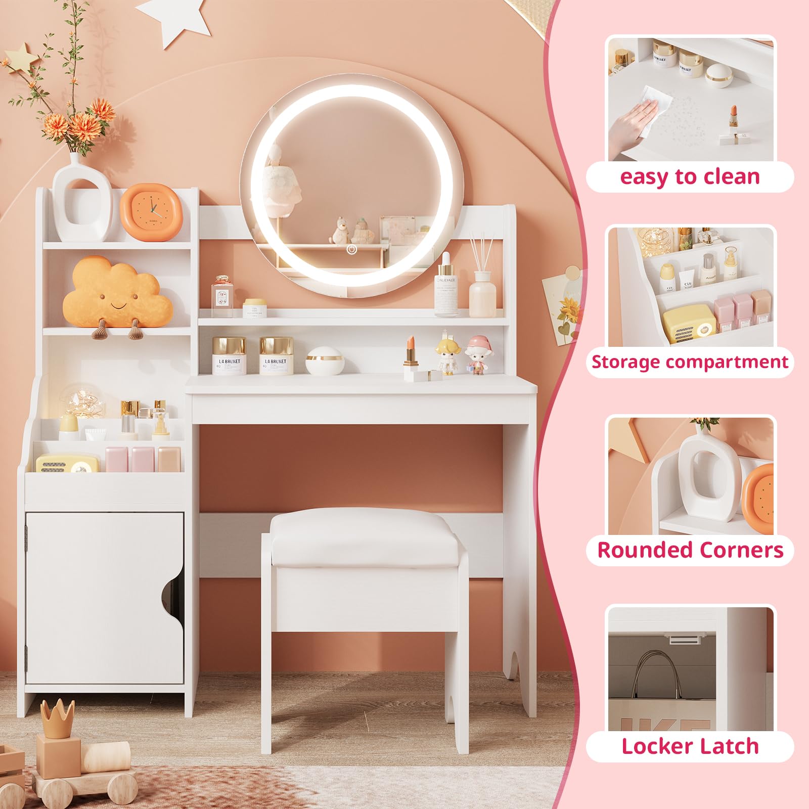 Vabches Kids Vanity Set with LED Lights - Princess Makeup Vanity Desk with Bookshelf, Storage Cabinet & Shelves - Toddler Vanity Table & Chair Set - Pretend Play Dress Up Toy for Little Girls (White) - Perfect for Bedroom Decor & Imaginative Play
