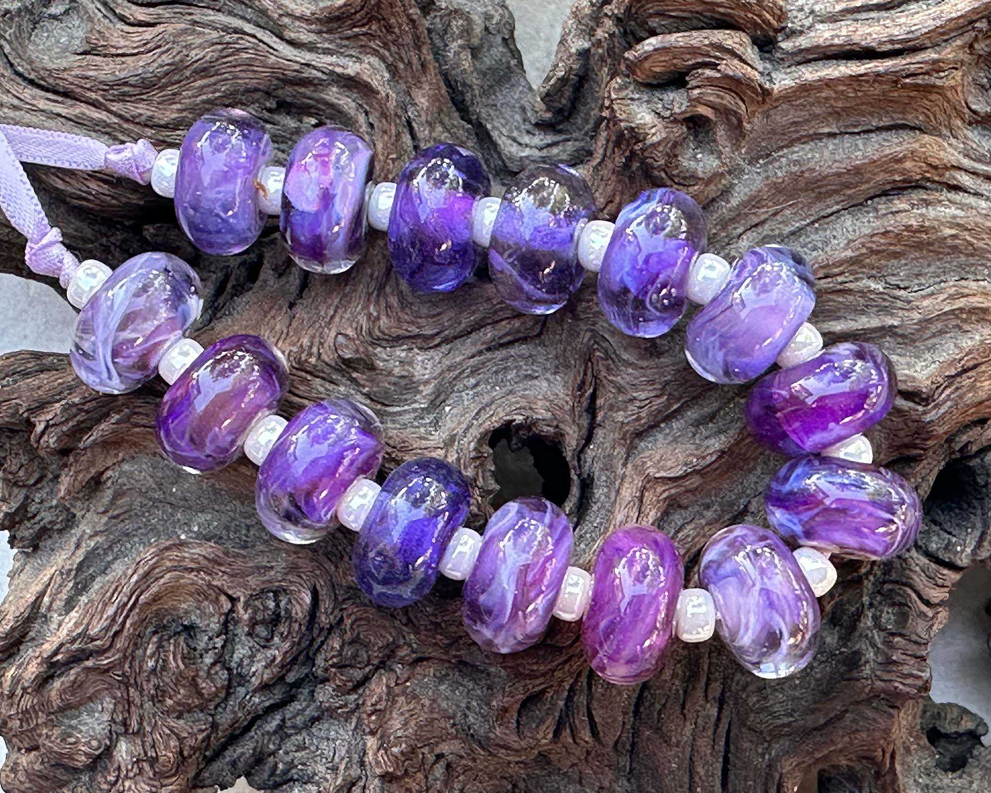 15-Piece Purple Swirl Lampwork Glass Beads Set for Jewelry Making - DIY Necklace, Bracelet & Earring Craft Supplies - Perfect for Beaders & Artisans