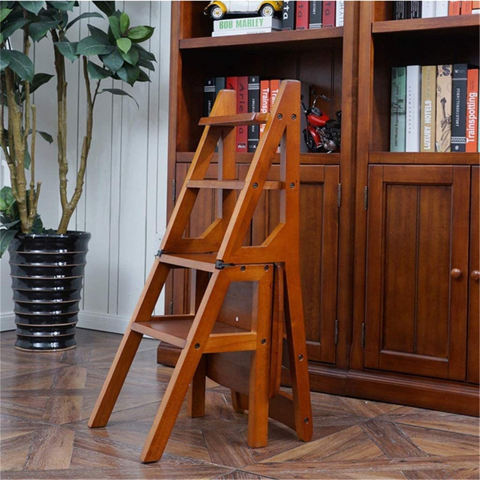 Portable Step Stool with 4-Tier Wooden Shelf - Multi-Purpose Ladder Stool for Kitchen, Living Room, Bedroom & Garden | Perfect as Shoe Rack, Plant Stand & Home Decor