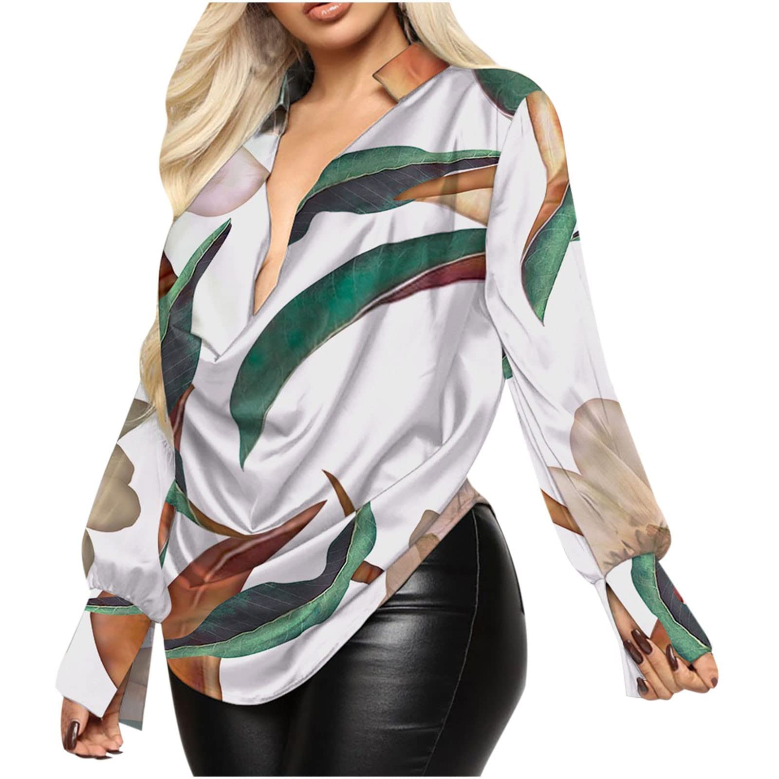 **HuanKD Women's Plus Size V-Neck Long Sleeve T-Shirt - Casual Printed Blouse for Everyday Wear, Work & Date Nights**