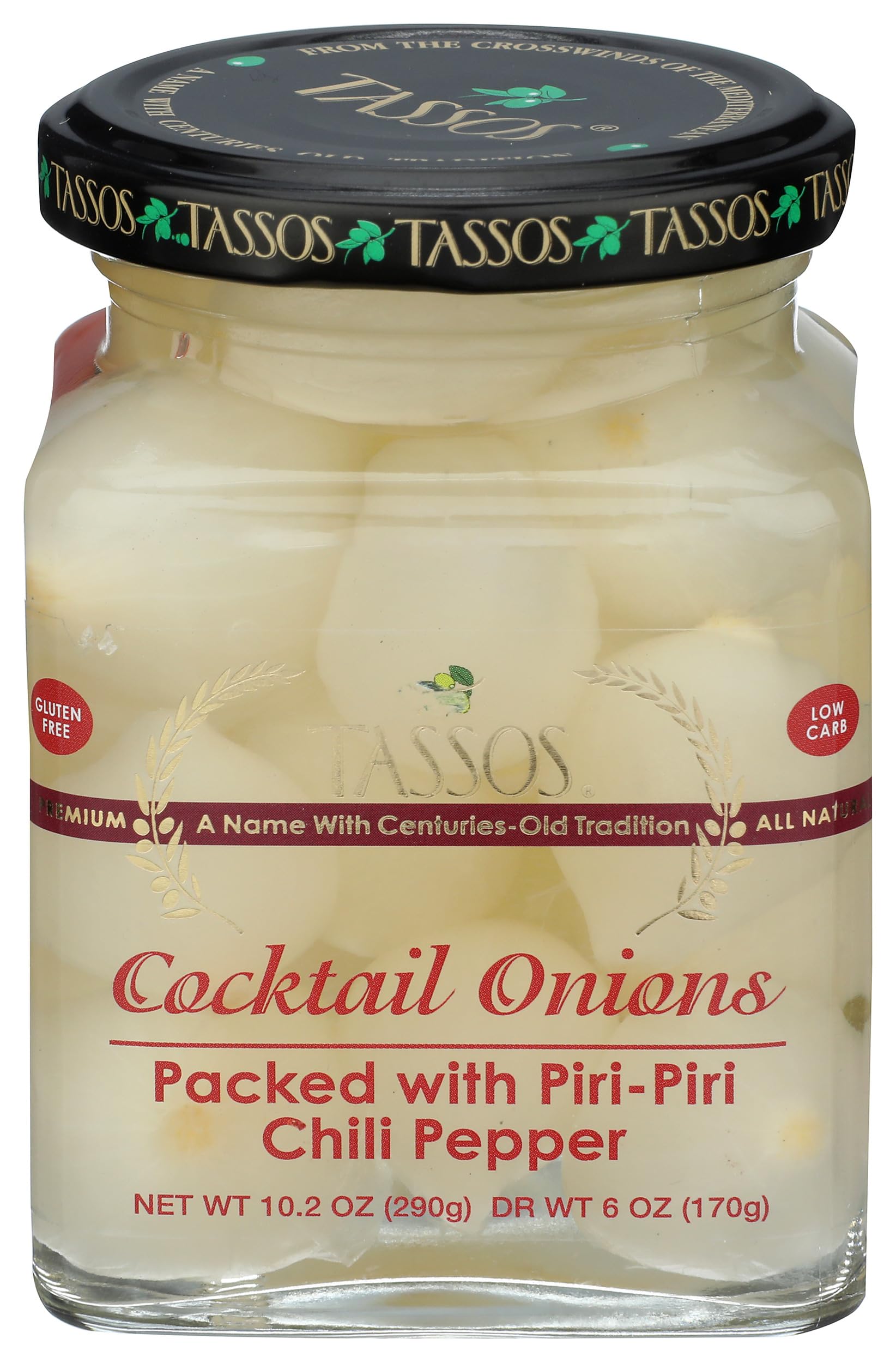 TASSOS Piri Piri Cocktail Onions - 10.2 oz Jar | Spicy Pickled Onions for Martinis, Bloody Marys & Charcuterie Boards | Perfect for Cocktails, Appetizers & Gourmet Snacking