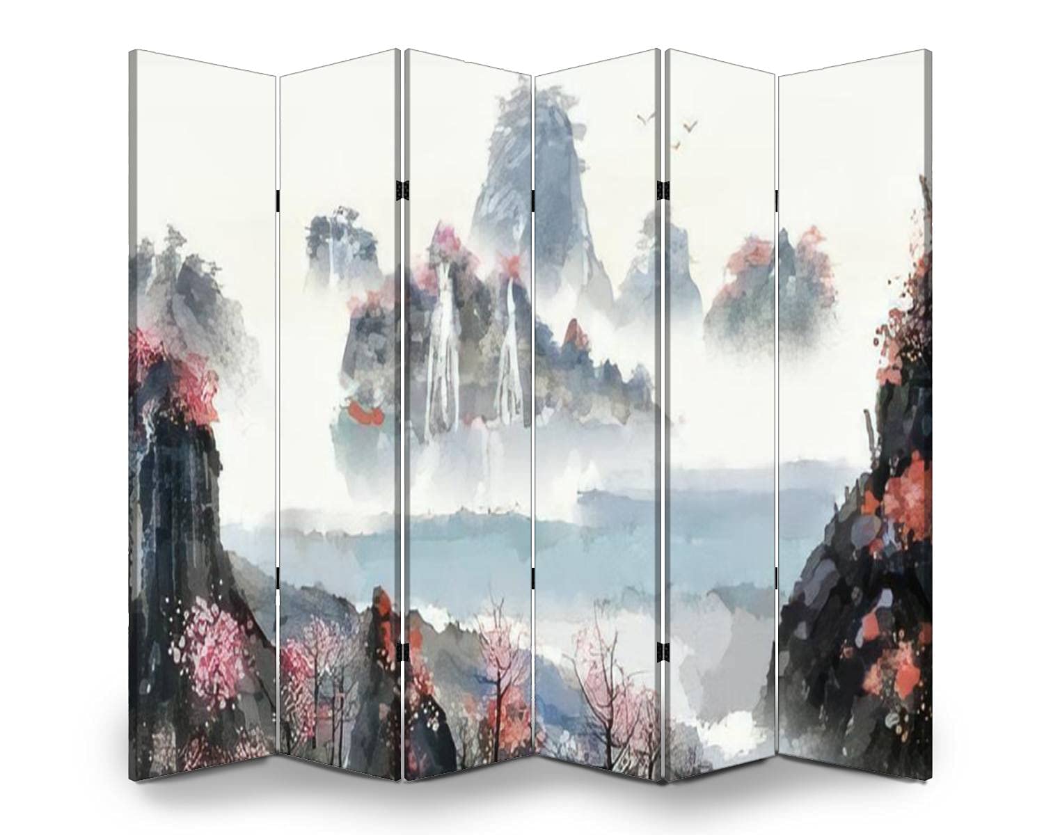 Chinese Style Dola-Dola 6 Panel Room Divider - Large Ink Landscape Painting Folding Privacy Screen for Home & Office | Freestanding Indoor Partition, Bedroom Separator, Living Room Decor